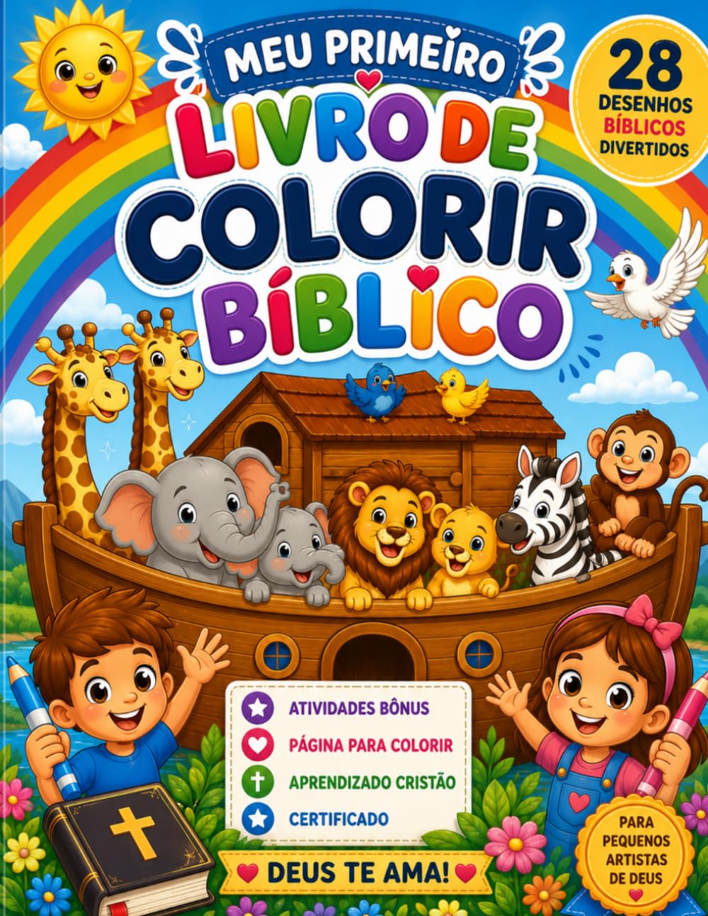Meu Primeiro Livro de Colorir Bíblico: 28 desenhos bíblicos divertidos + bônus de atividades especiais para crianças