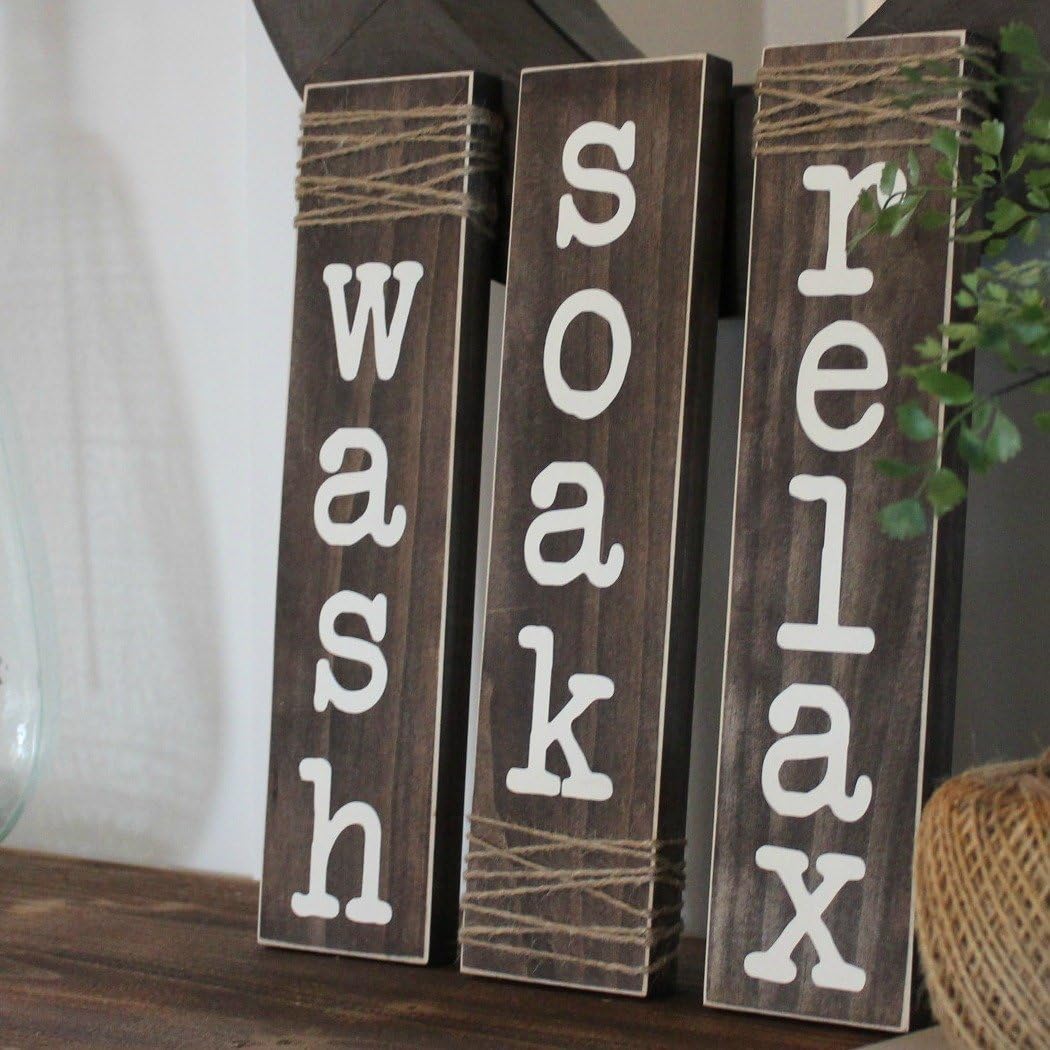 Wash Soak Relax Rustic Bathroom Signs Small Set of 3 3.5"x14"