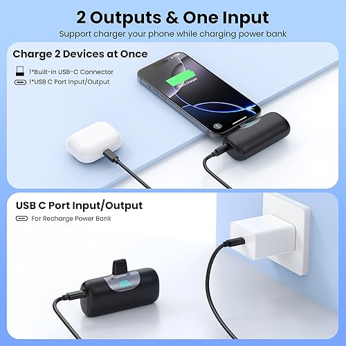 Miniatura 5 de FOCHEW Mini cargador portátil USB C, batería mejorada de carga rápida PD de 5500 mAh, conector USB-C integrado, pantalla LCD, compatible con iPhone
