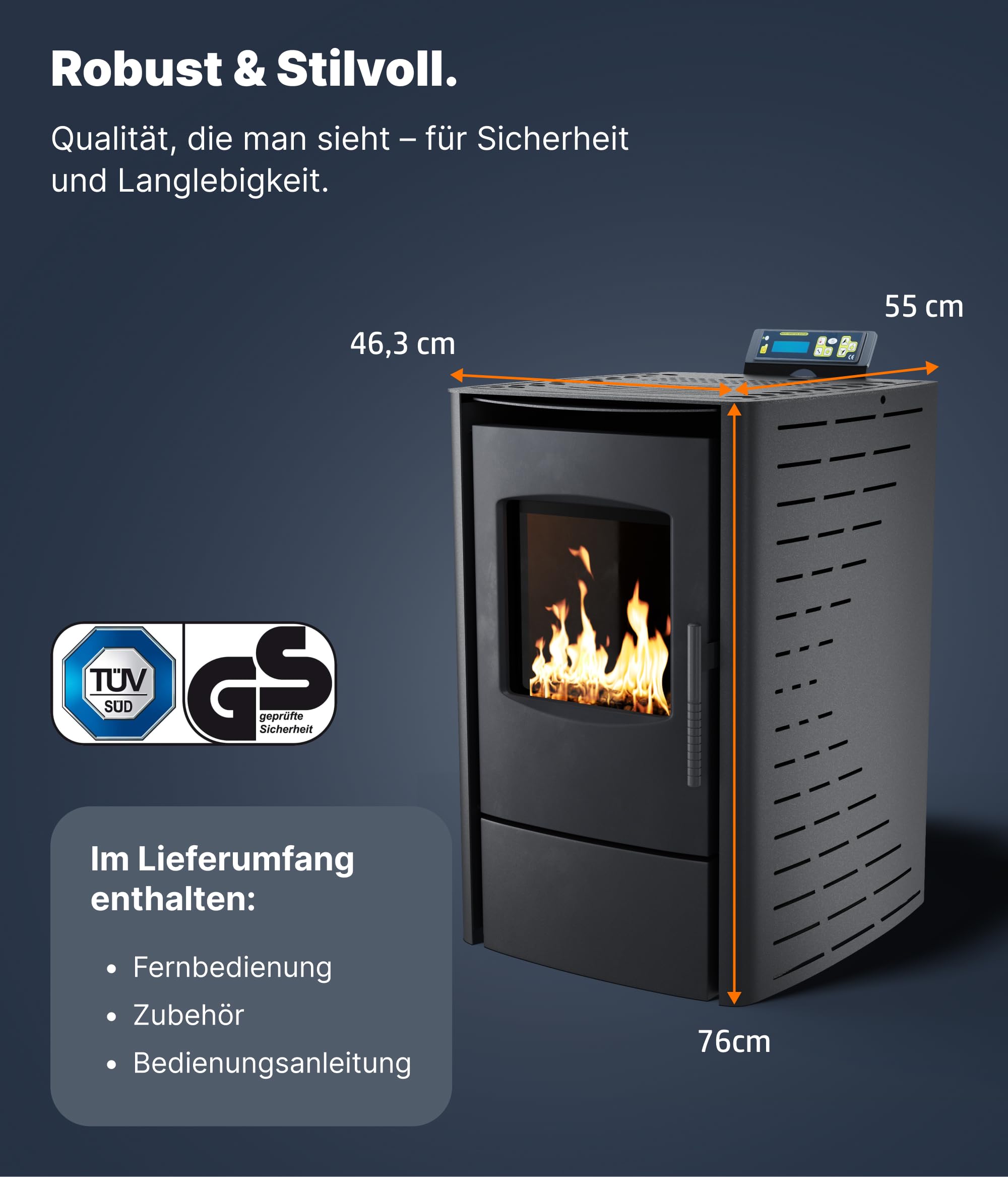 UMBRELLA® P6 Pelletofen 6 kW A+ bis 120 m³ – Auto-Reinigungszyklus, ECO-Modus, Wochenprogramm & mechanische Reinigungsunterstützung – Schwarz