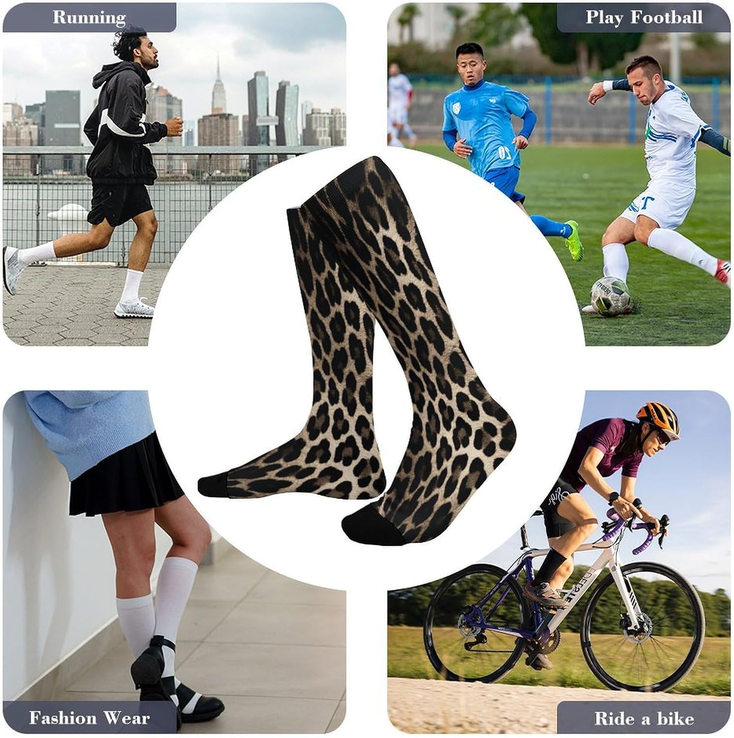Black Leopard Print Compression Socks for Man Women Breathable Knee High Tube Socks Baseball Football Sock Over The Calf Sock Circulation Support for Running Travel Athletic Daily Wear