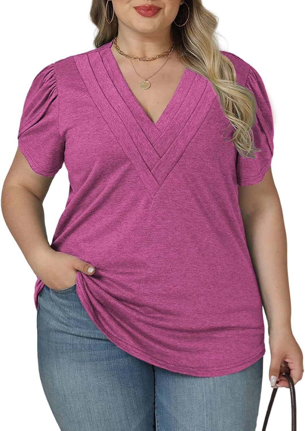 VISLILY Womens-Plus-Size-Summer-Tops Casual Petal Short Sleeve T Shirts Trendy V Neck Blouses Flowy Dressy Tunics XL-5XL - Image 2