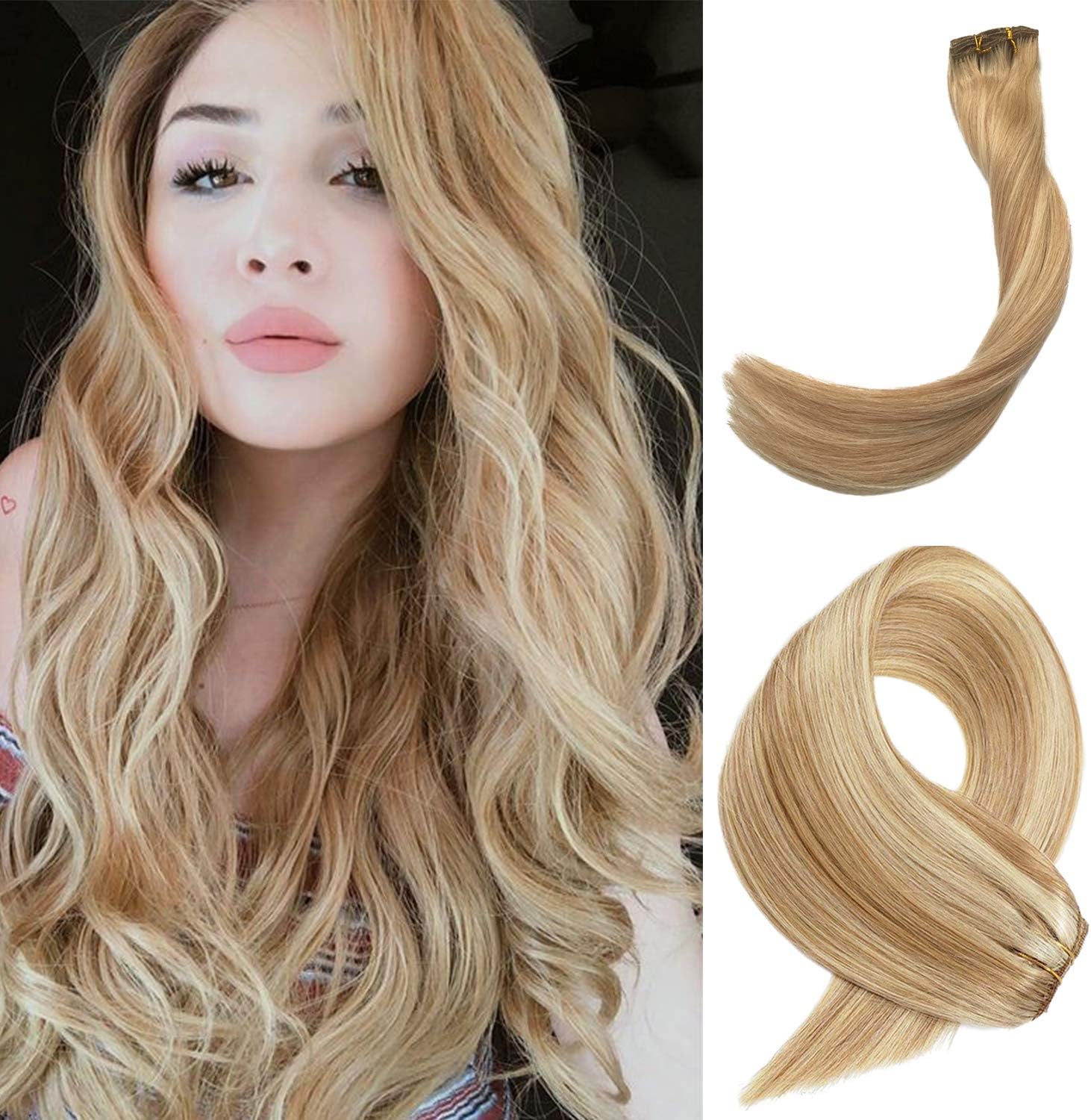 Women's Hair Extensions Clip in Human Hair Blonde Highlights Remy Hair Extensions 15 Inch Short Straight Clip on Strawberry Blonde Balayage Extensions for Women