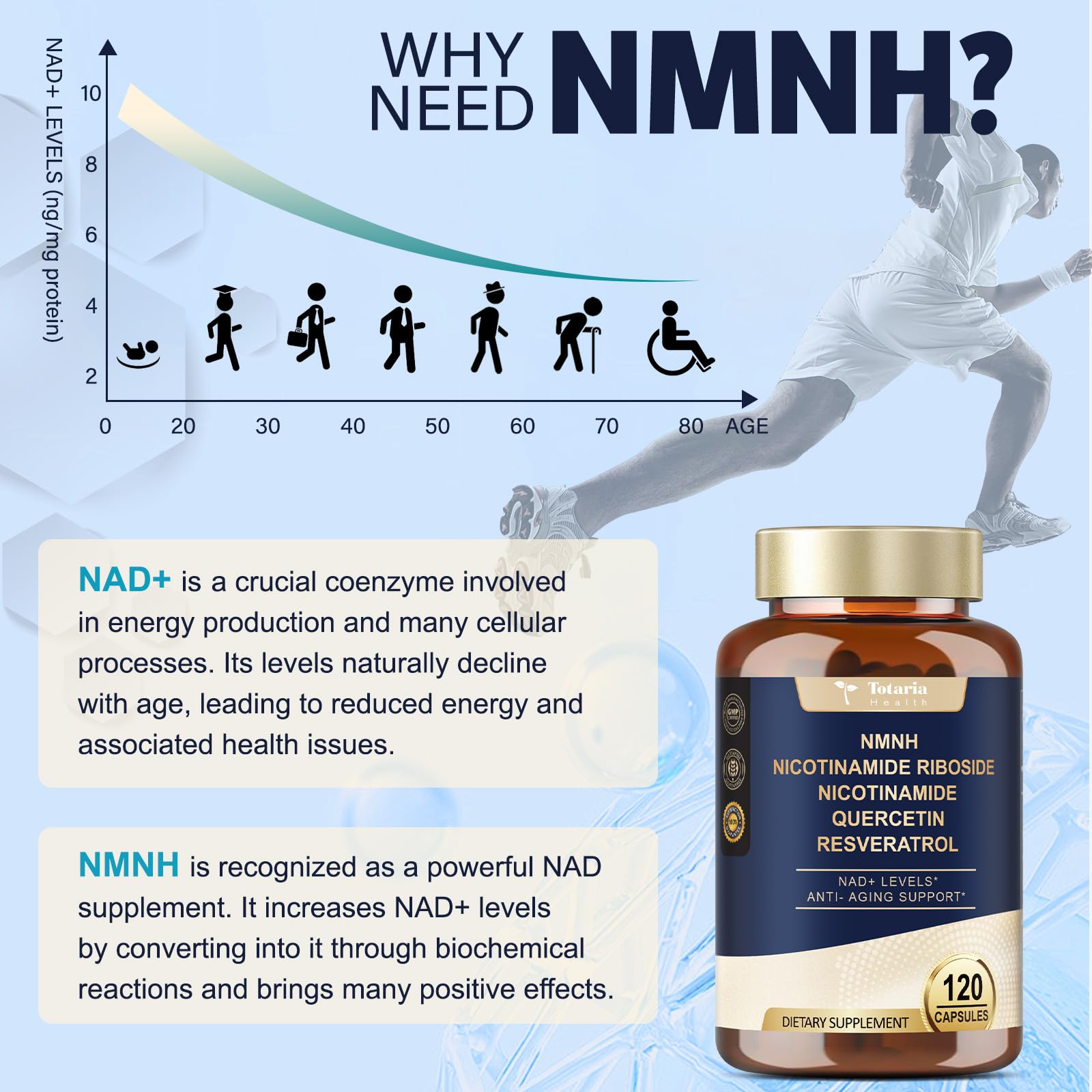 NMNH (Dihydronicotinamide Mononucleotide), NMNH Supplement w/Niacinamide (Vitamin B3), Quercetin, Trans-Resveratrol, Support NAD+, Anti-Aging, Skin Cell Health & Energy, 240 Count