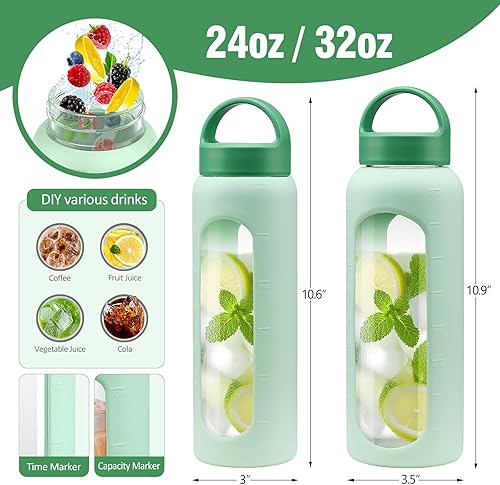 Miniatura 3 de Botella de agua de vidrio de 32 onzas, vaso de vidrio de 1 litro con pajilla, botellas reutilizables con 2 tapas, tapa con asa y tapa de popote de