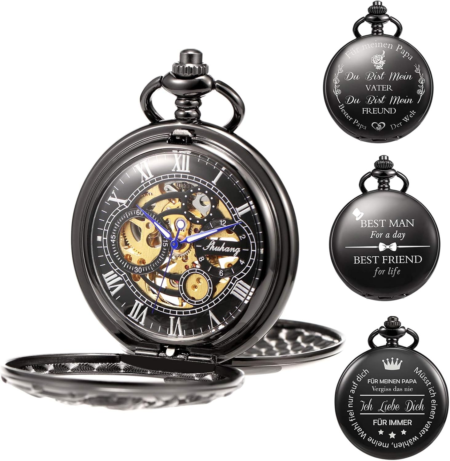 TREEWETO Mechanical Personalized Engraved Lucky Dragon Pocket Watch Skeleton Double Cover Roman Numerals Dial Personalized for Men Dad Son