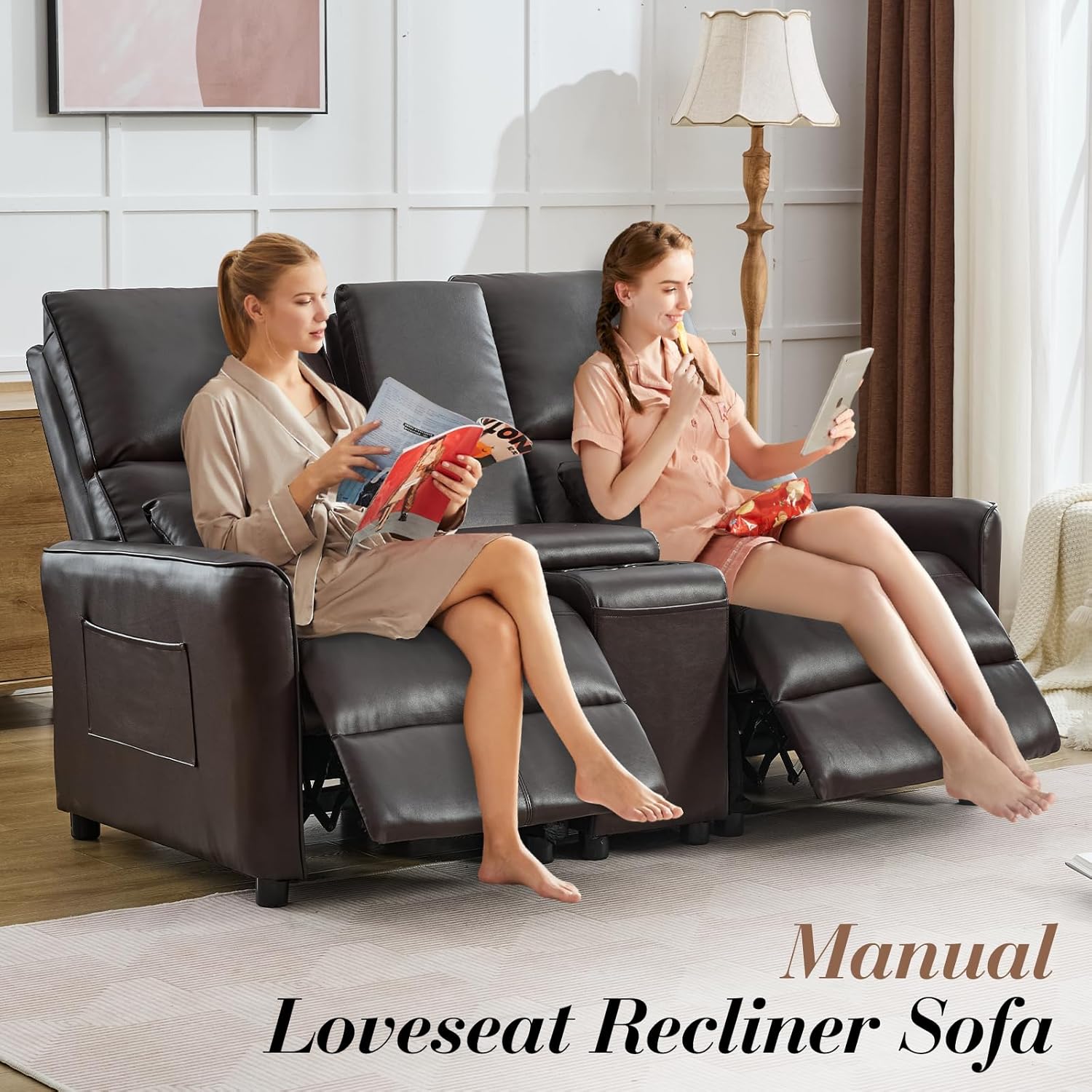 Loveseat Recliner Sofa, Push Back Double Wall Hugger Reclining Sofa Chair, 2 Seat Leather Home Theater Seating with Cup Holder, Manual Comfy RV Furniture Sofa for Living Room, Light Brown