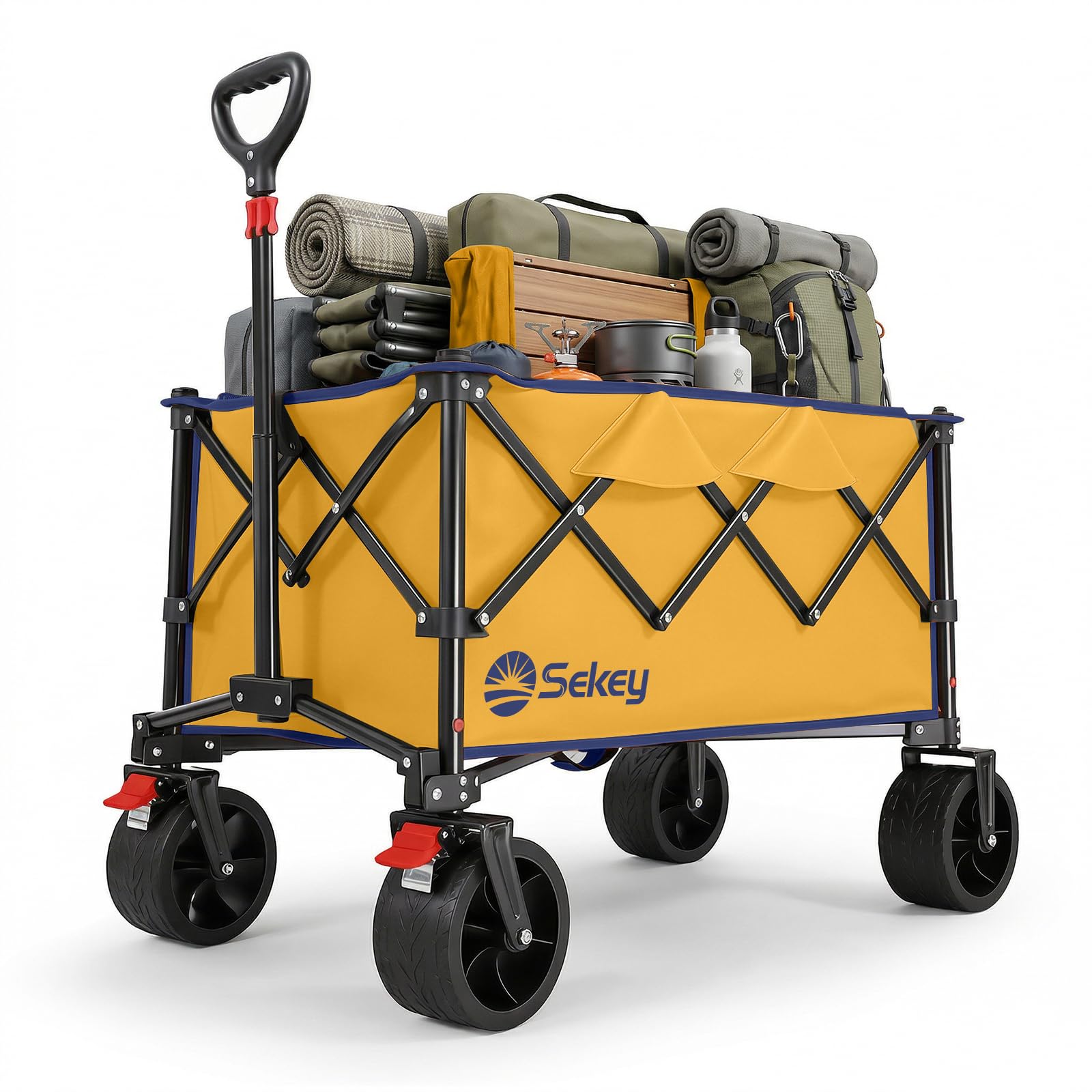 Sekey XXL Bollerwagen Faltbar 135L 150KG Belastbar, Leichter Faltbollerwagen mit Breite 17x8,5cm Räder Handwagen mit Bremse, Patentiert 4-Wege-Sofortaufbau Transportwagen, 4031 All Terrain, Gelb