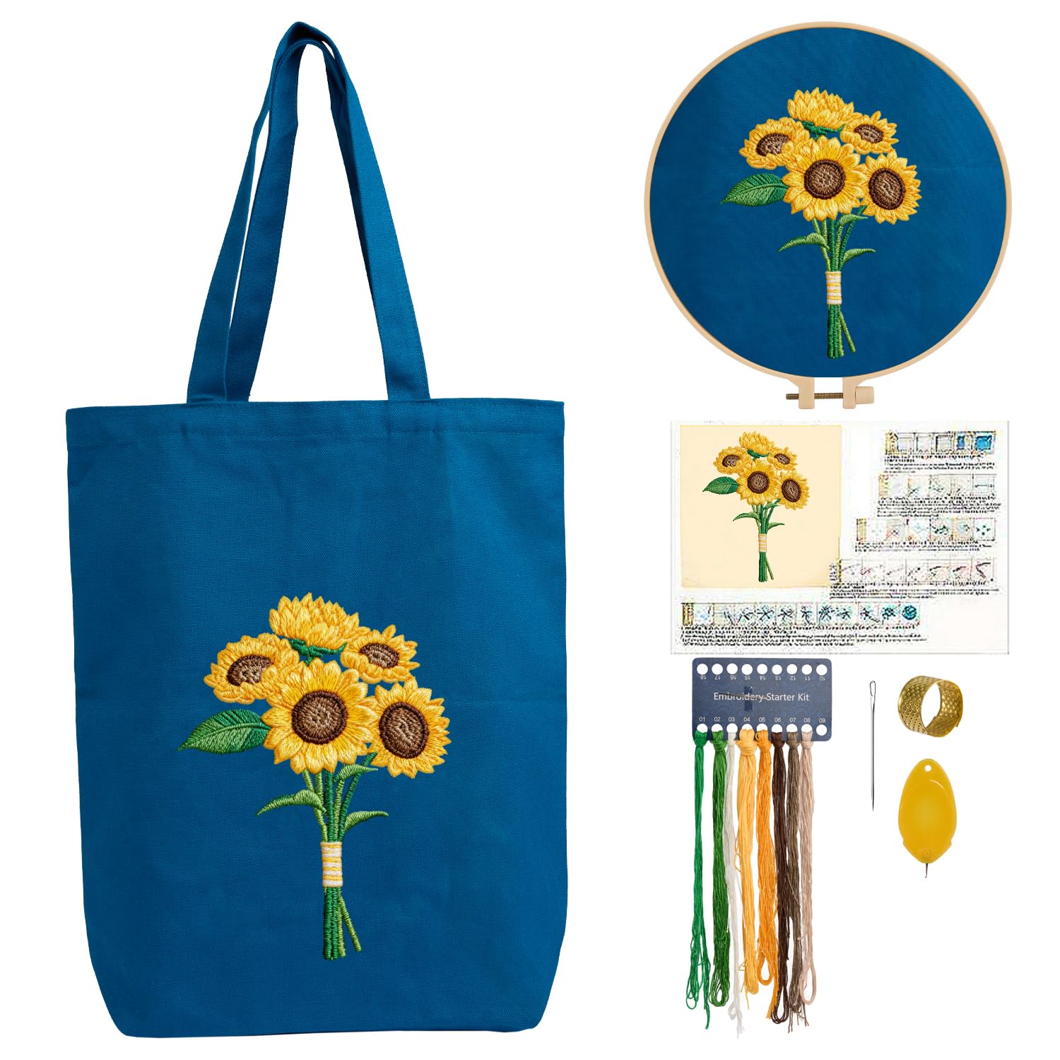 CREAWONDER Hand Embroidery Kits for Bag, Embroidery Kit Bag with Pattern for Beginners, Arts and DIY Embroidery Crafts Kits for Adults, Include Instructions, Embroidery Hoops, Color Threads and Tool