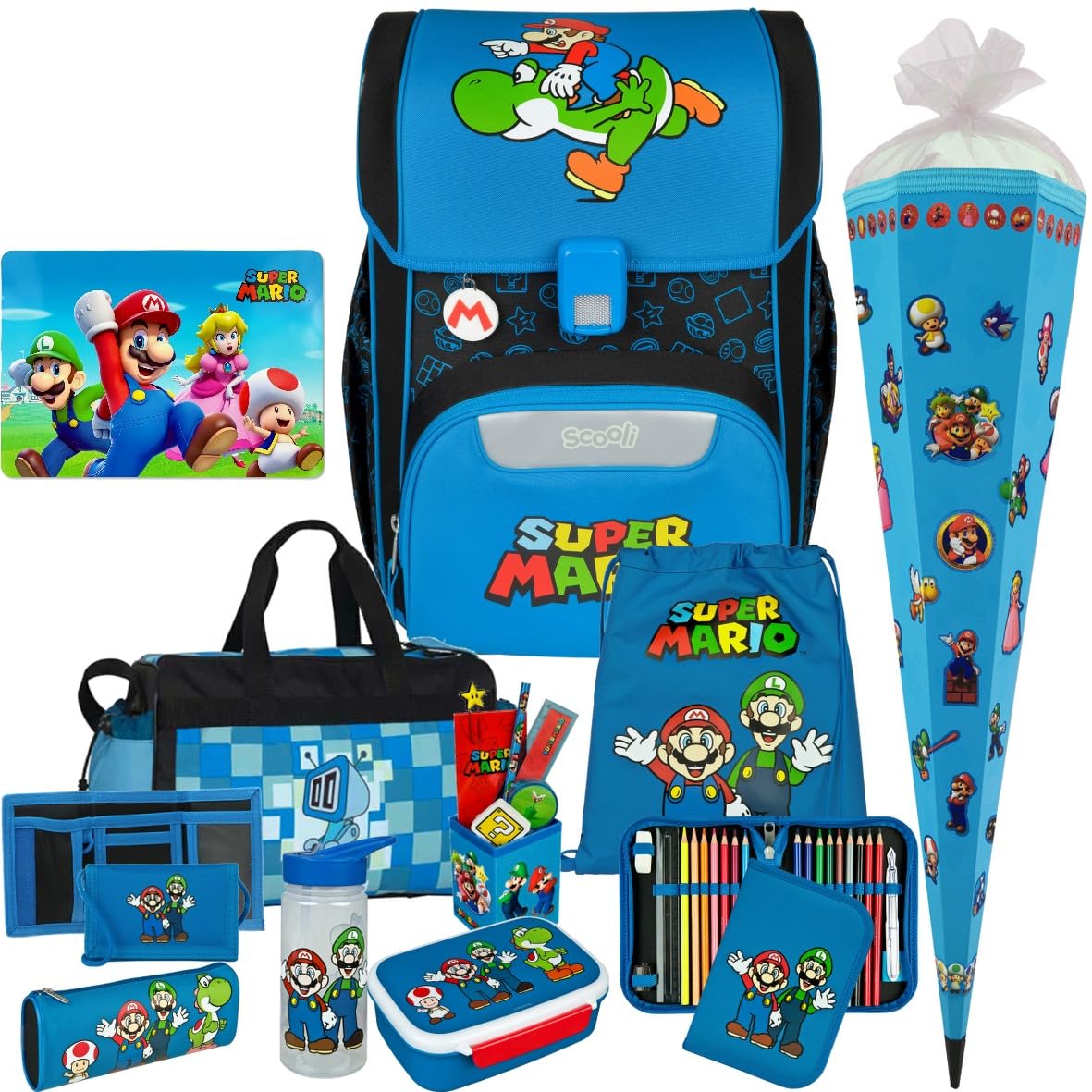 Scooli Schulranzen 1.Klasse Jungen EasyStart Schulranzen-Set geeignet für Super Mario-Fans (12tlg.mit Sporttasche Brotdose Trinkflasche Lernuhr Stifteköcher passend Platzdeckchen Schultüte)