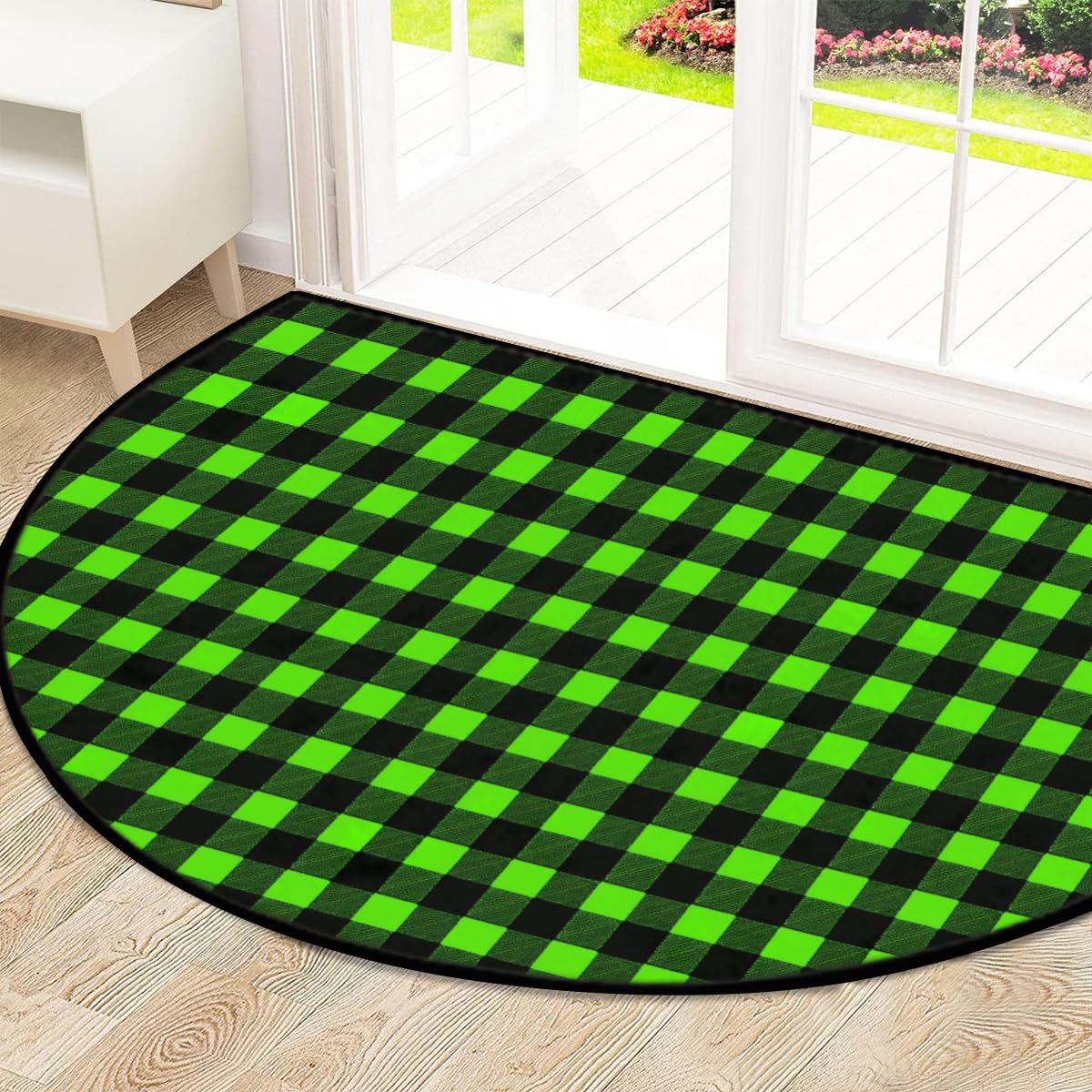 Mexpekil Paillasson demi-lune à carreaux vert vif et noir, pour intérieur et extérieur, antidérapant, lavable, absorbant, anti-saleté, 100 x 160 cm