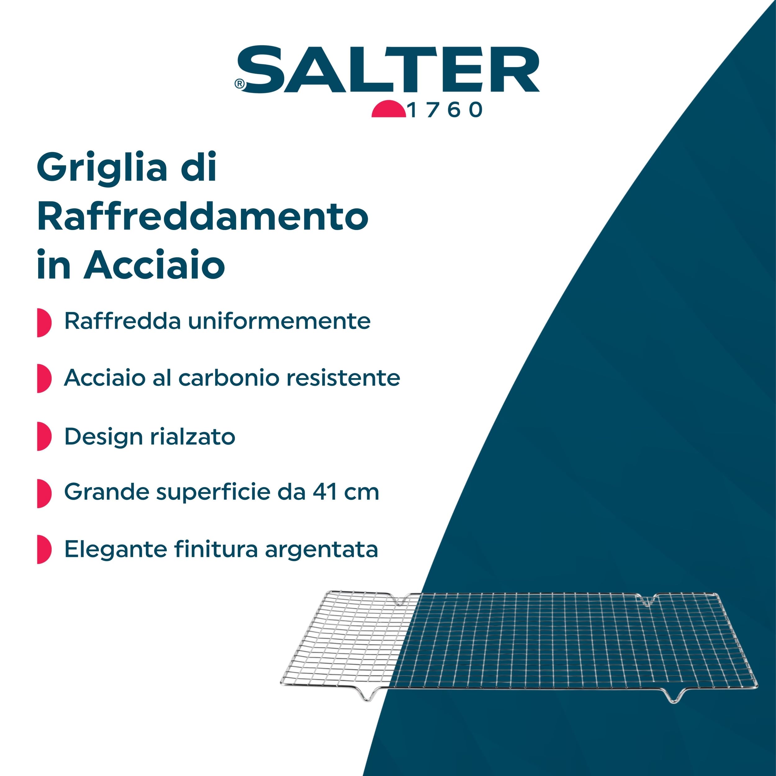 Salter Bakes Griglia di Raffreddamento – Griglia da Forno in Filo di Acciaio al Carbonio da 41 cm, Design Rialzato Facile da Pulire per un Flusso d'Aria Uniforme, per Torte, Pasticcini e Biscotti
