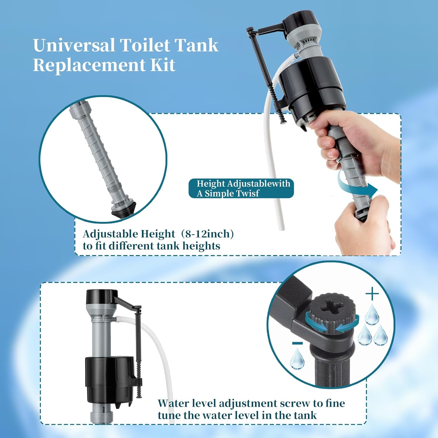 3" Dual Flush Valve Replacement Kit for 2-Piece Toilet Water Tank Parts with Toilet Fill Valve, Button, Flush Valve, Bolts and Bowl Gasket, Universal Toilet Repair Kit Inside Tank