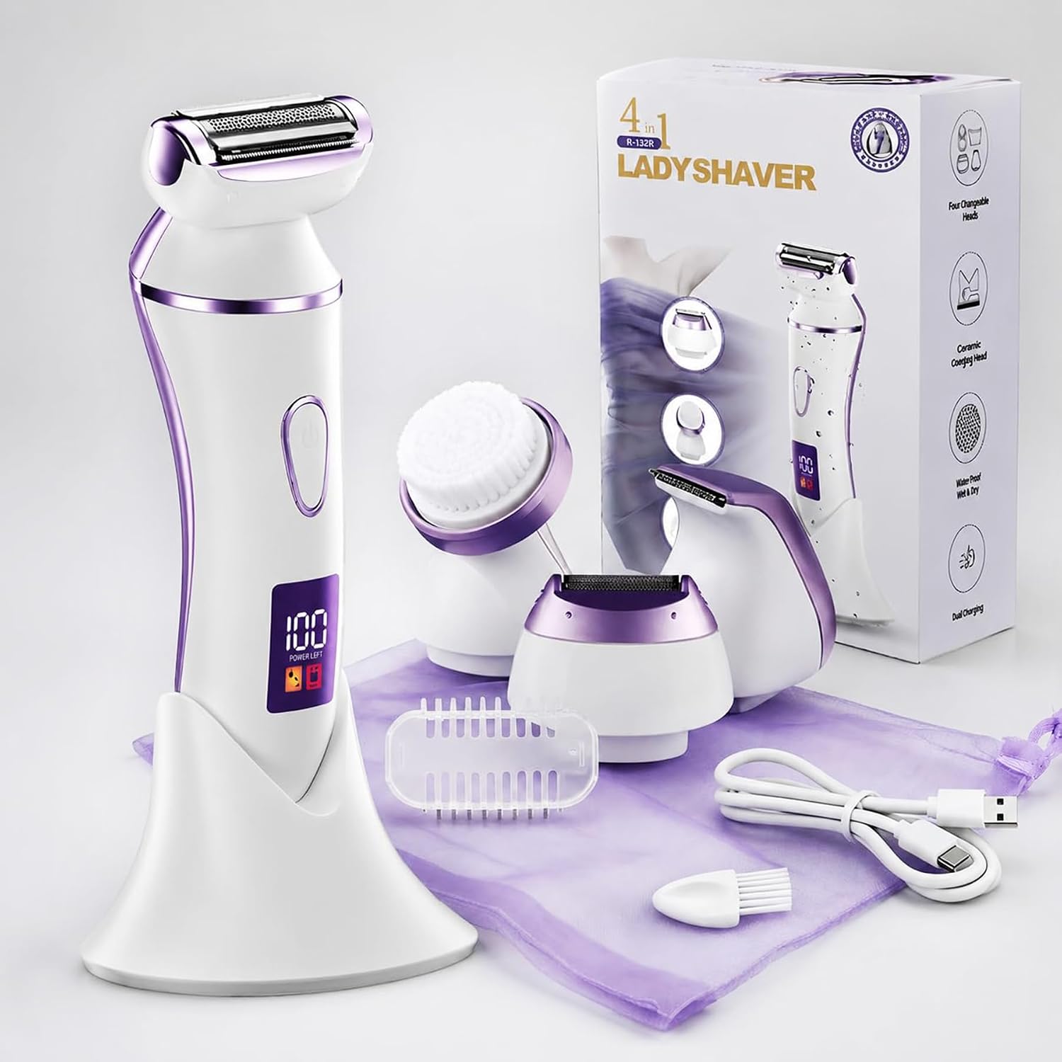 4-in-1 Lady Shaver for Women, Waterproof Electric Razor & Body Trimmer