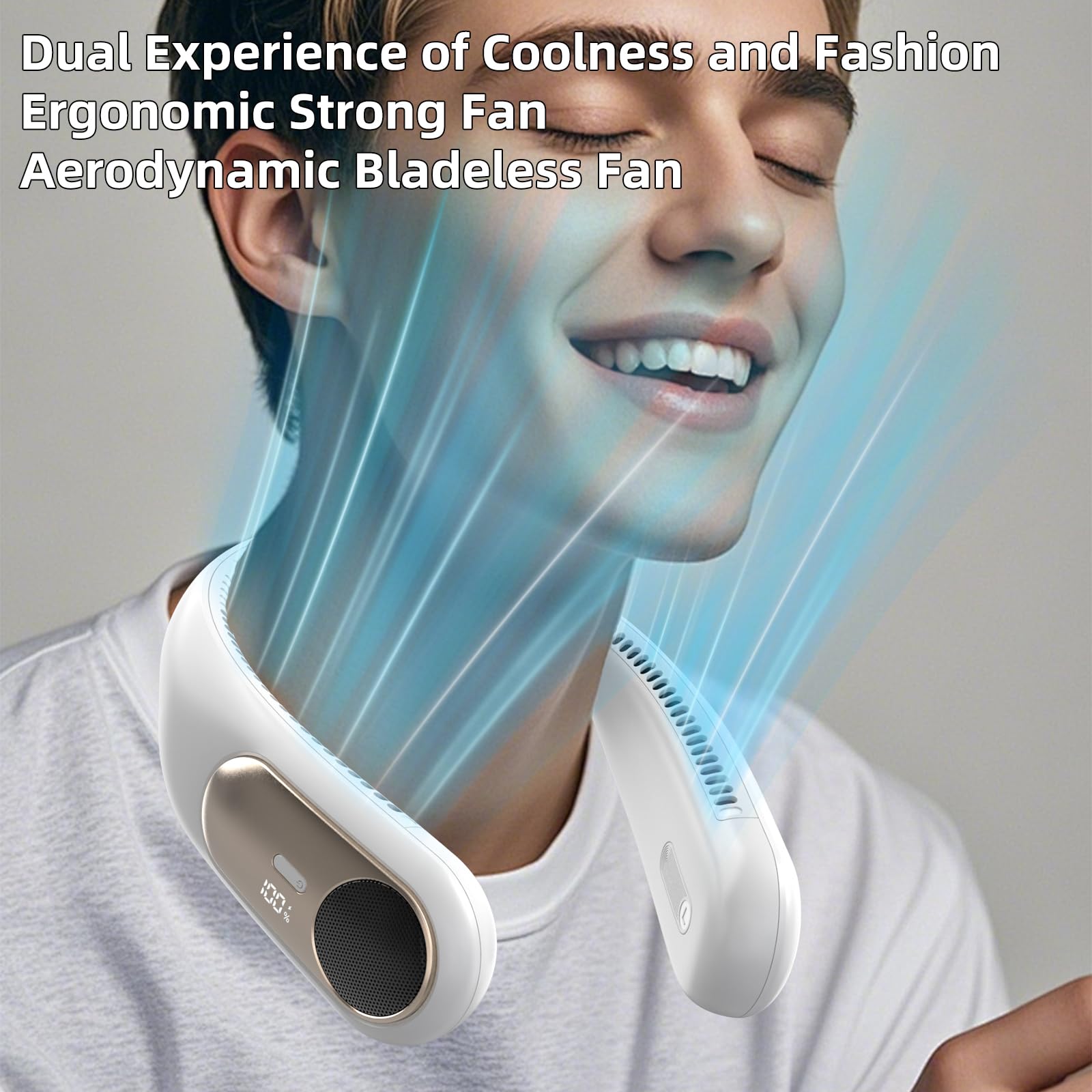 Ventilador de cuello portátil, ventilador personal sin aspas, pantalla LED, 4 velocidades, recargable por USB de 6000 mAh, viento de enfriamiento fuerte de 360°, manos libres, larga duración, regalos 5