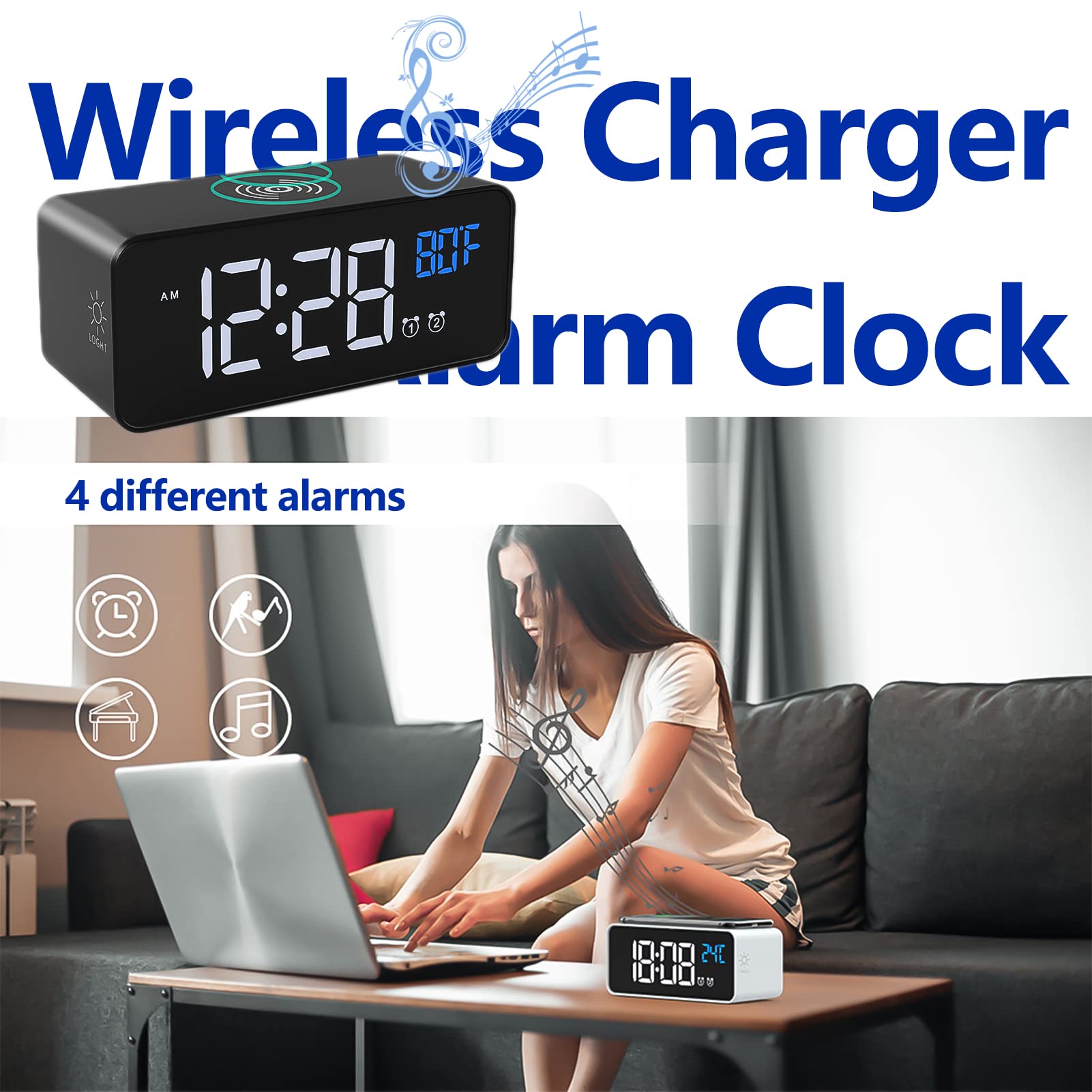 Sveglia elettrica, Orologi digitali a LED con caricabatteria Wireless Snooze e Orologio da Tavolo Regolabile con luminosità