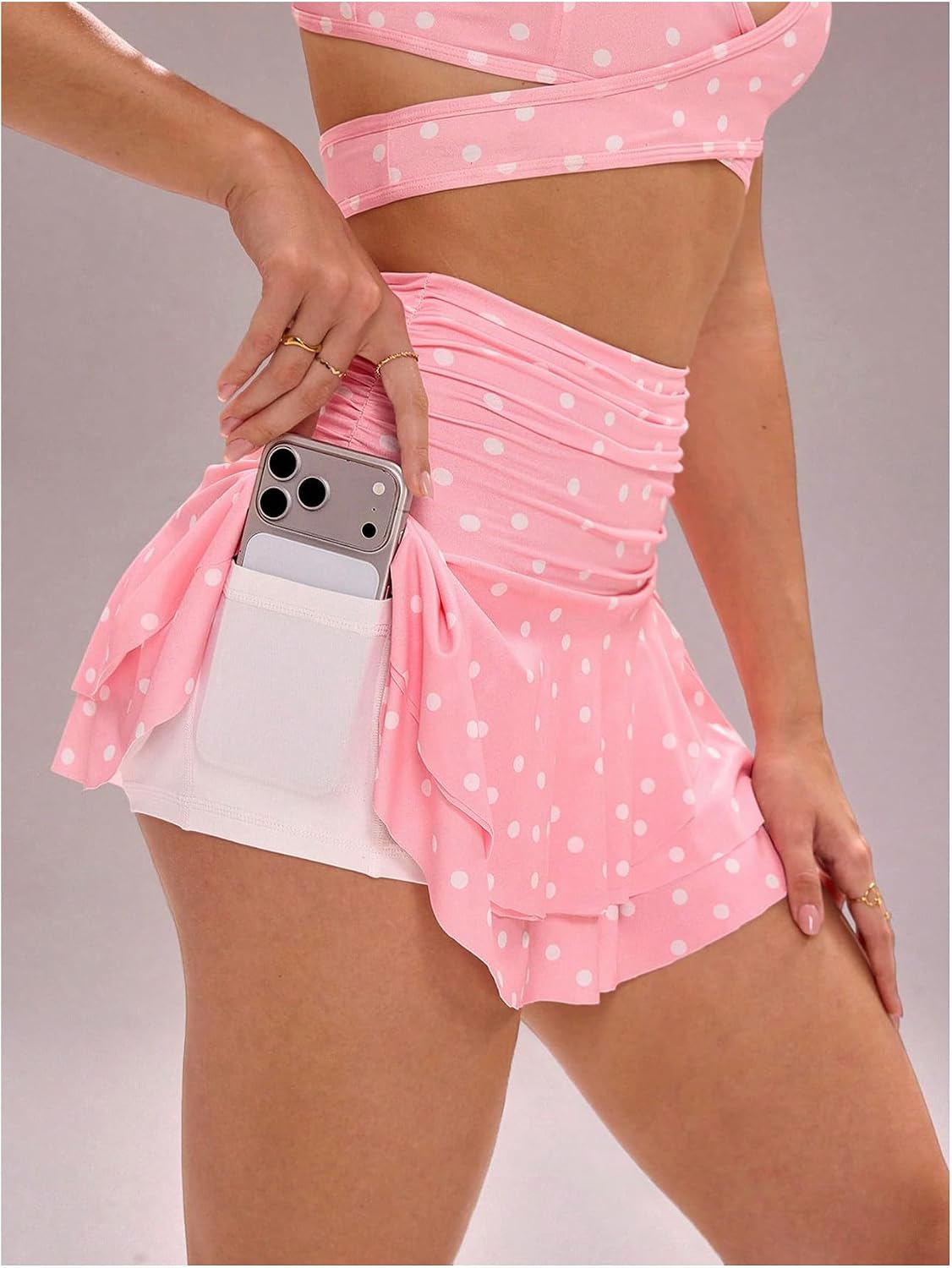 Floerns Women's Summer Polka Dots Tennis Skirts Ruched Tiered Ruffle Mini Skirt with Built in Shorts