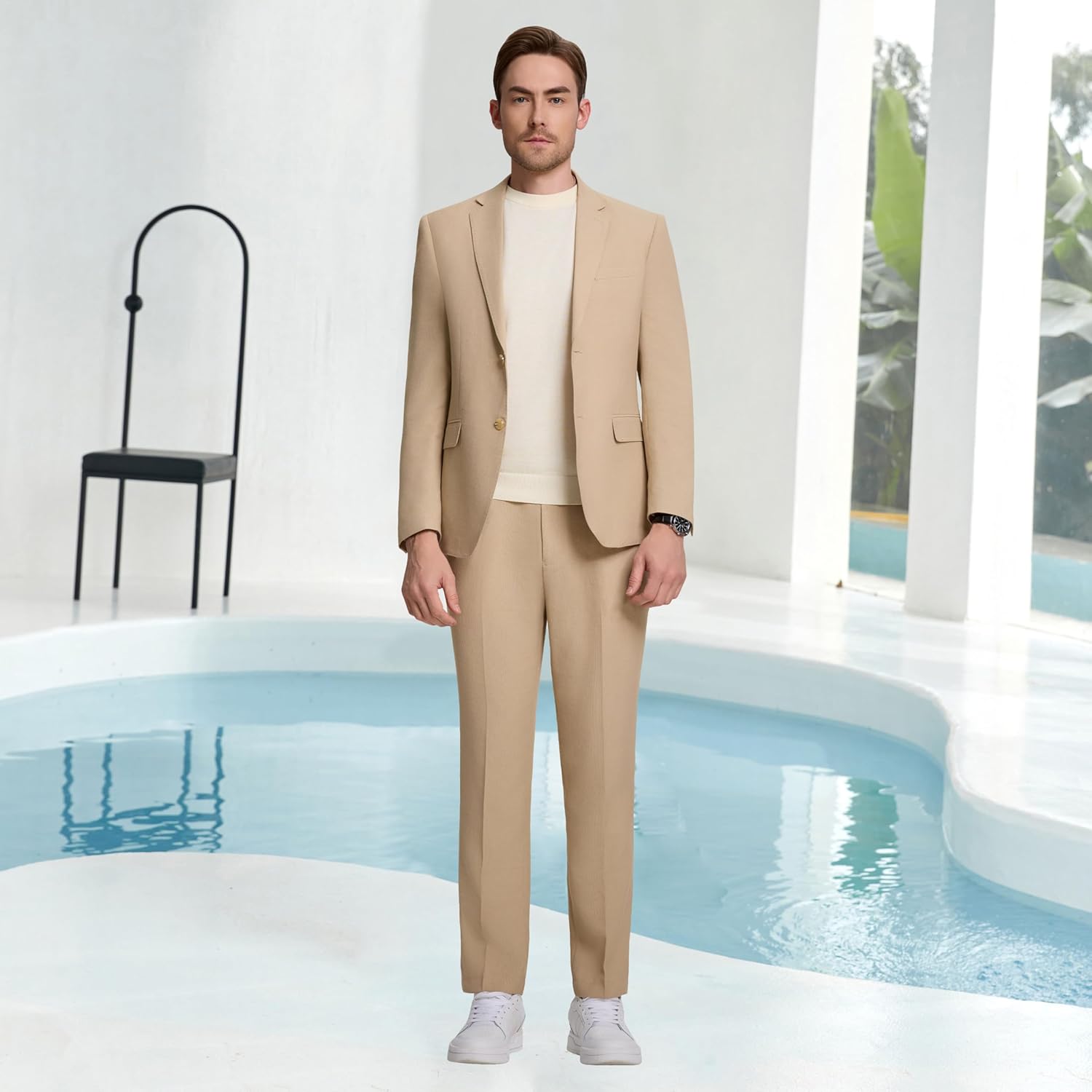 Mens Knit Suit Set 2 Pieces Slim Fit 2 Button Suit Blazer Pants Lightweight Casual Tuxedo Men for Wedding Prom - Image 4