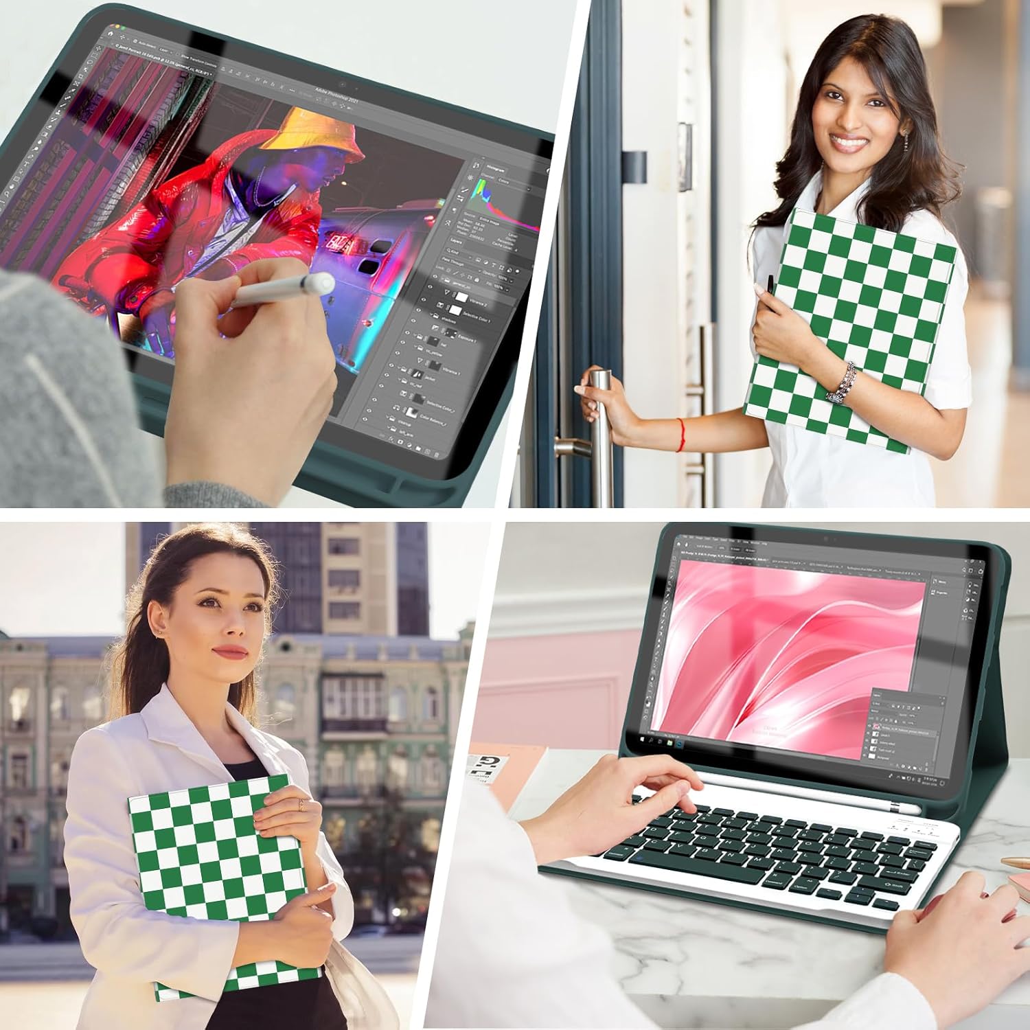 Keyboard Case for iPad 11th 10th Generation with Pencil Holder, Wireless Keyboard Cover for 11th A16 11-inch 2025, 10th Gen 10.9 Inch 2022, Checkered Plaid Green-White