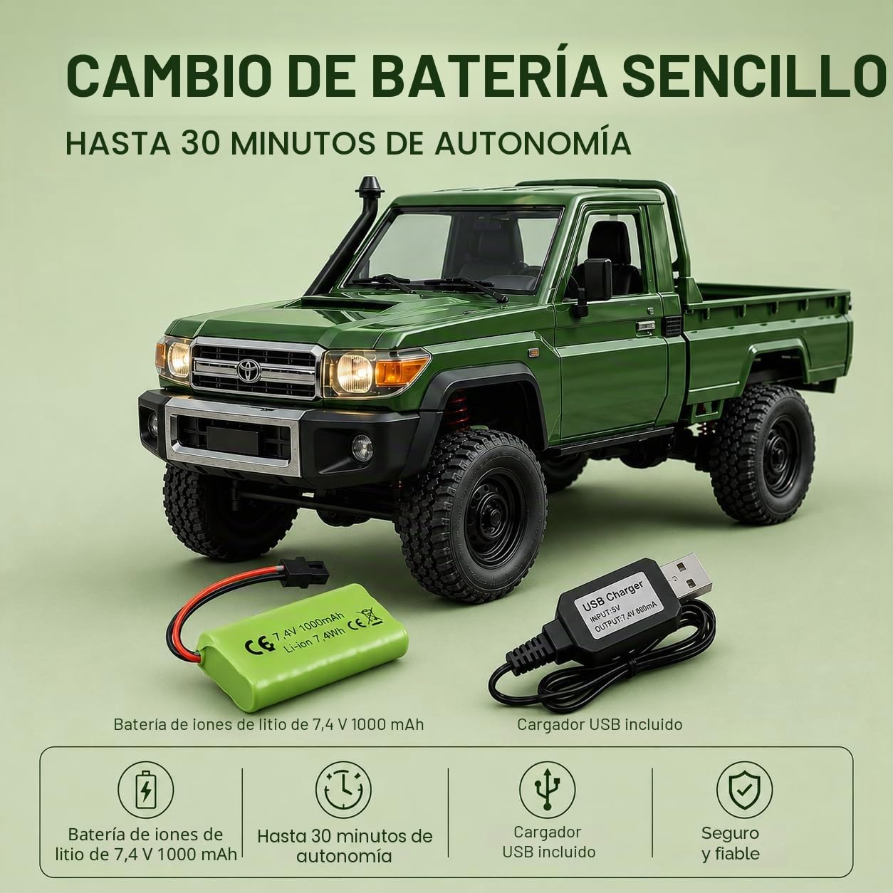 Coche teledirigido resistente 1:12 – Toyota Land Cruiser RC Auto 4WD para exteriores con luz LED, 30 minutos de tiempo de conducción, vehículo todoterreno, coche teledirigido a partir de 6