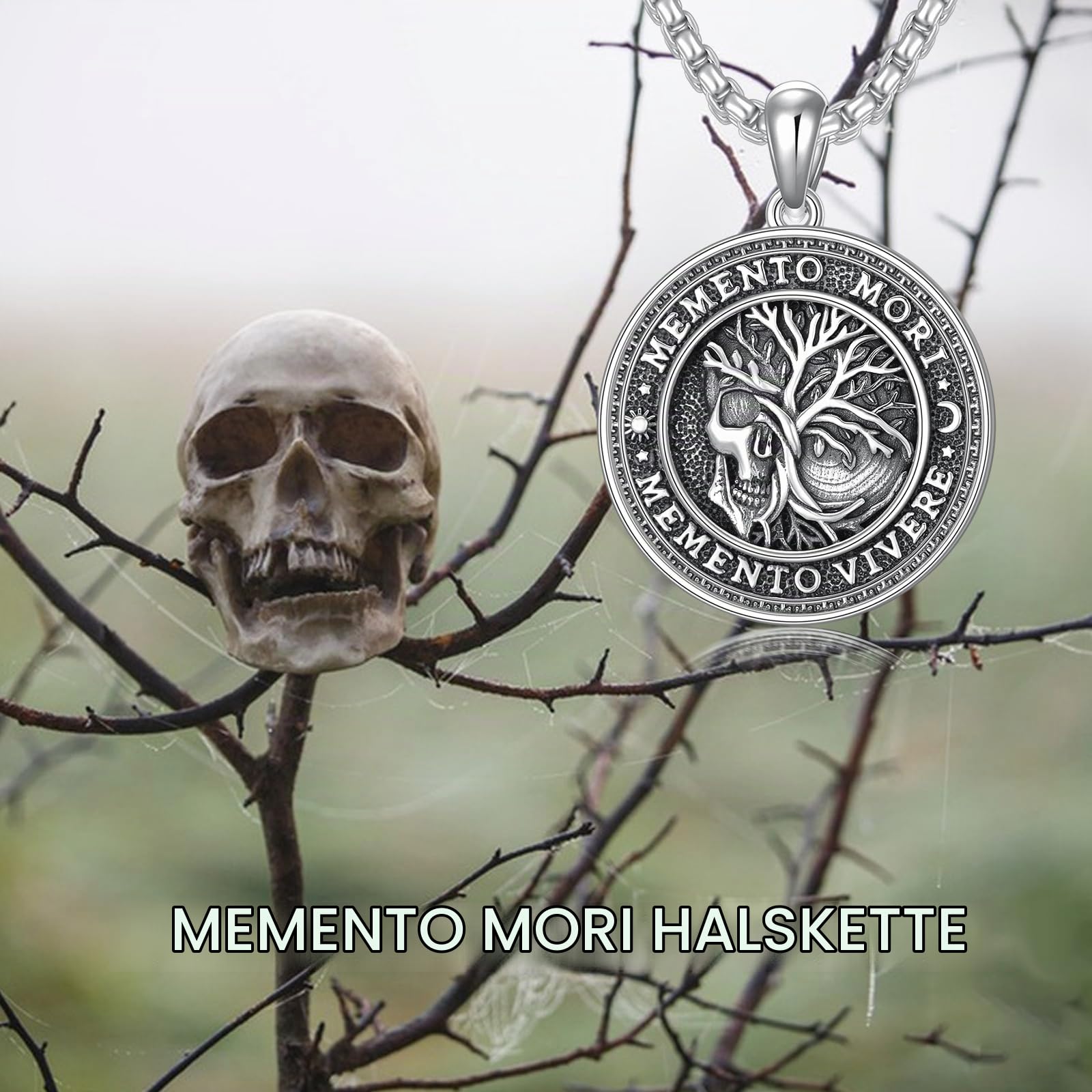 Memento Mori Halskette für Herren 925 Sterlingsilber Memento Mori Anhänger Lebensbaum Totenkopf Amulett Schmuck Geschenke 55,9 cm + 5,1 cm Edelstahl Kette