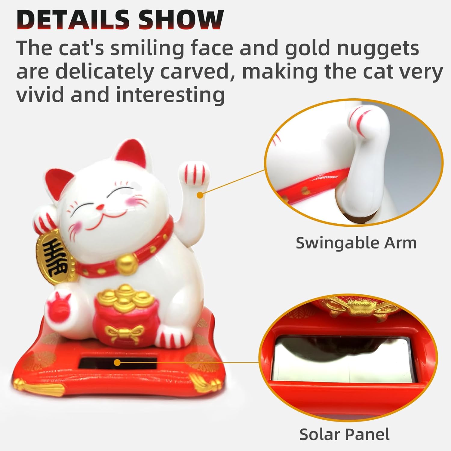 Lucky Cat Waving Arm Set, Vivid and Lovely Chinese Cat Statue Decorations for Decorating Front Desk, Car, Business Openings, 6.69IN, White, 1PCS image 4