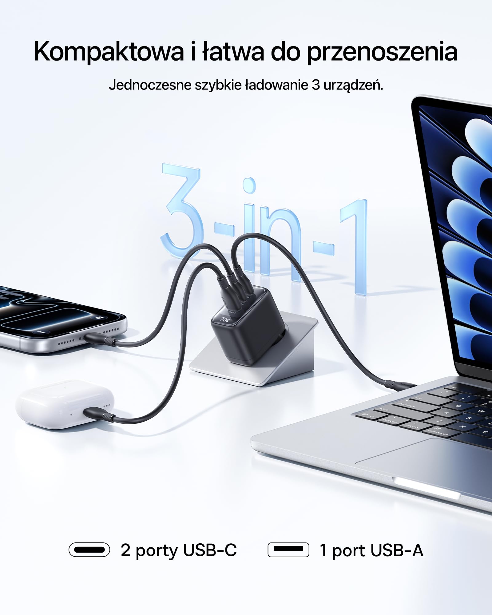 Baseus Enerfill Ładowarka USB C 70W, 3-portowa ładowarka GaN6 z szybkim ładowaniem, kompaktowa ładowarka do MacBook Air, iPhone 17/16/15 Pro Max, iPad Pro, Galaxy S25/S24, Pixel, laptopa i innych