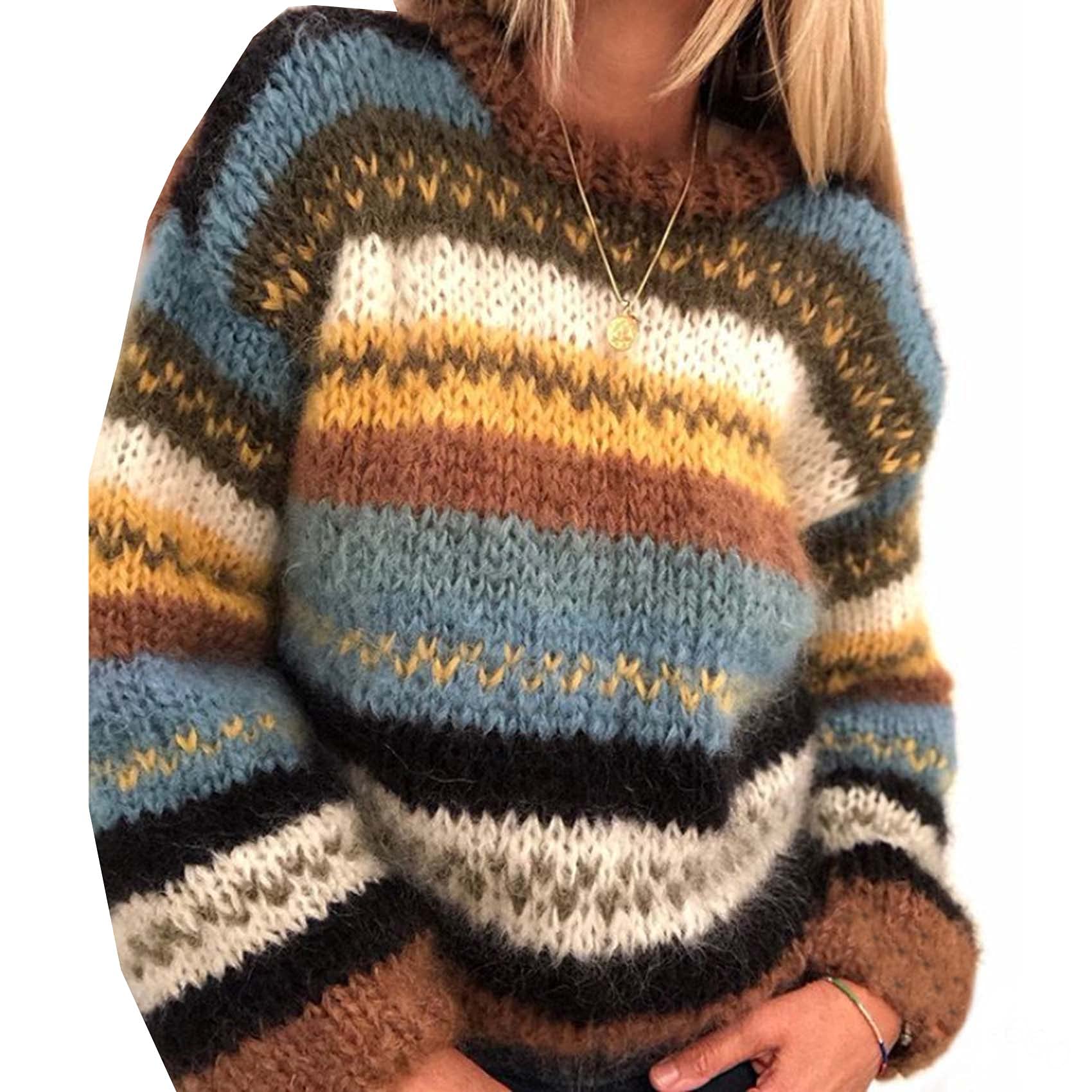 Maglione a righe color block da donna Maglione a maniche lunghe Maglione girocollo Pullover lavorato a maglia Top Maglieria girocollo da donna Maglione lavorato a maglia grosso Felpa girocollo casual