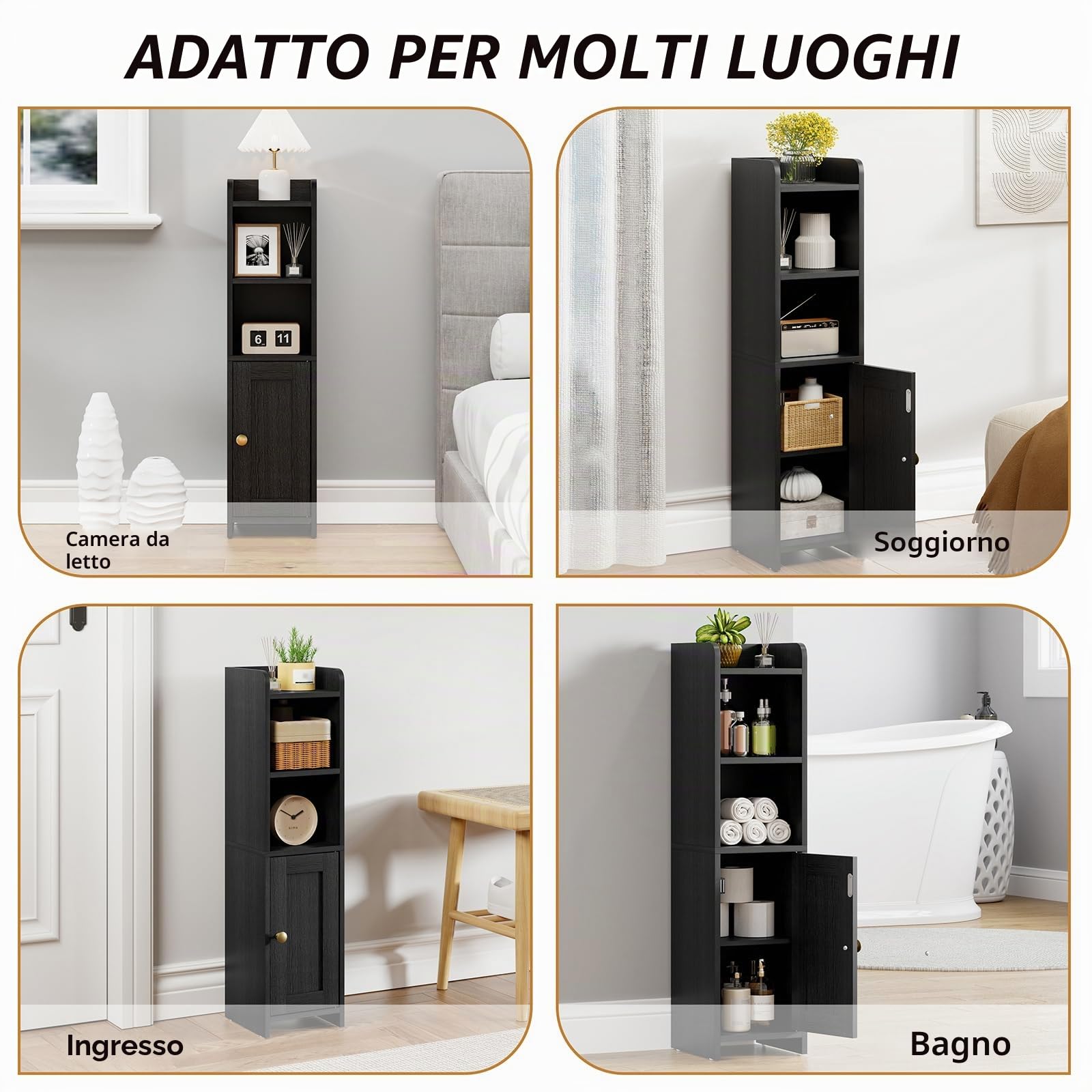 RRX Piccolo armadietto portaoggetti da bagno ad angolo, con anta, colore: nero | Armadietto angolare piccolo con ripiano regolabile, oltre a ripiani stretti per bagni stretti, 20 x 20 x 78 cm