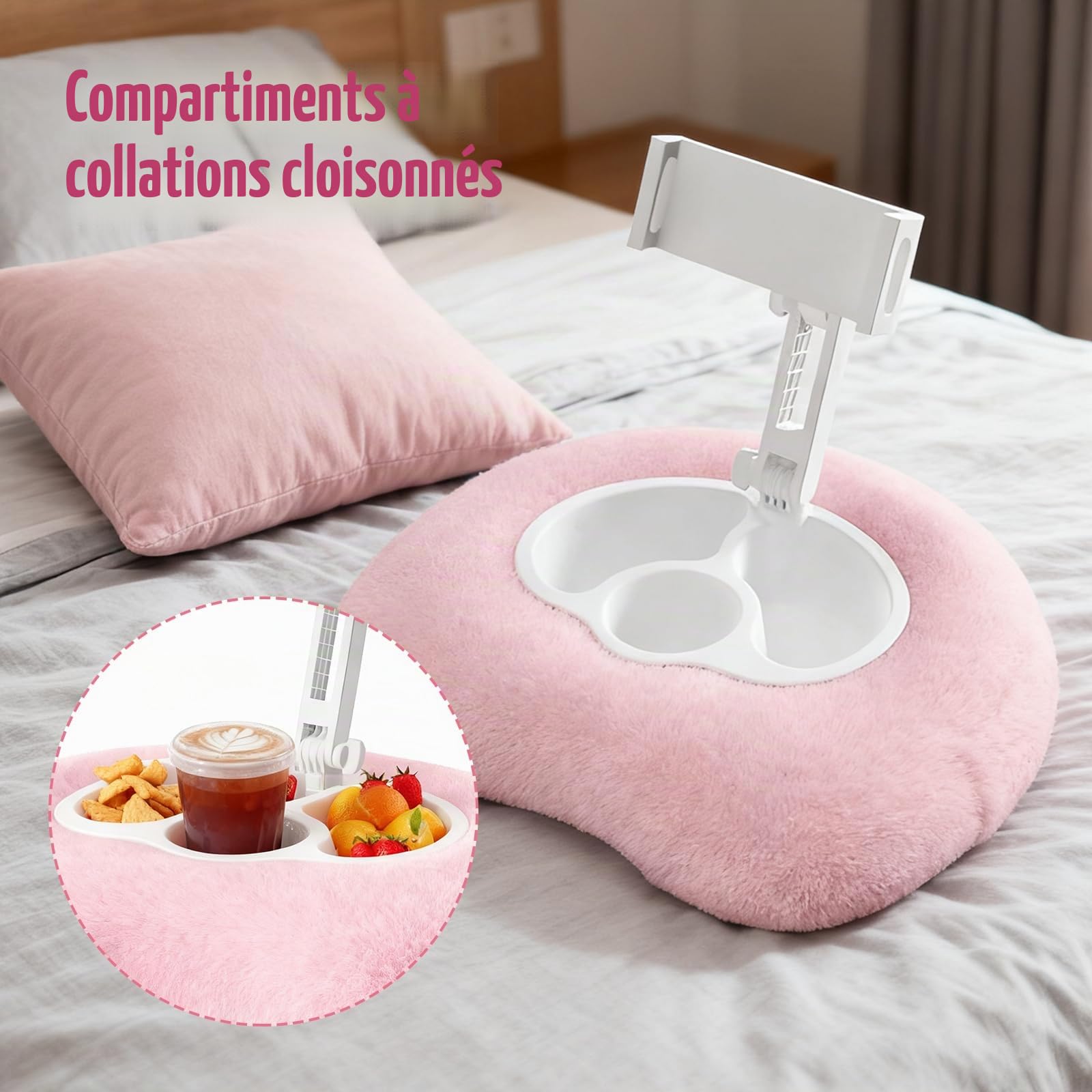 Coussin pour Tablette, Support Kindle Réglable pour la Lecture | avec 3 Bols à Collation, Compatible avec les Téléphones, Tablettes et Appareils Kindle de 4,7 à 13 Pouces