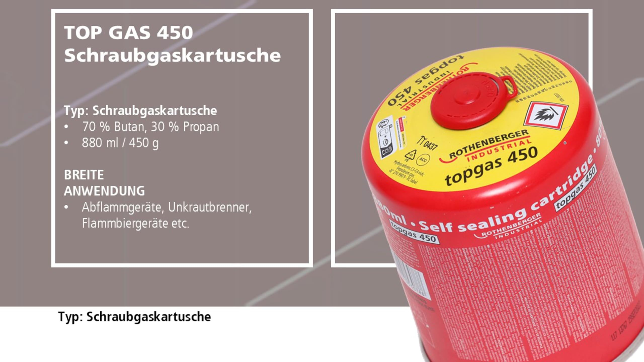 ROTHENBERGER Industrial Top Gas Schraub - Gaskartusche 450g - 740 ml - Vorteilsdose für lange Einsatzdauer ; 7/16" EU, 12 Stück, 1500003478-12