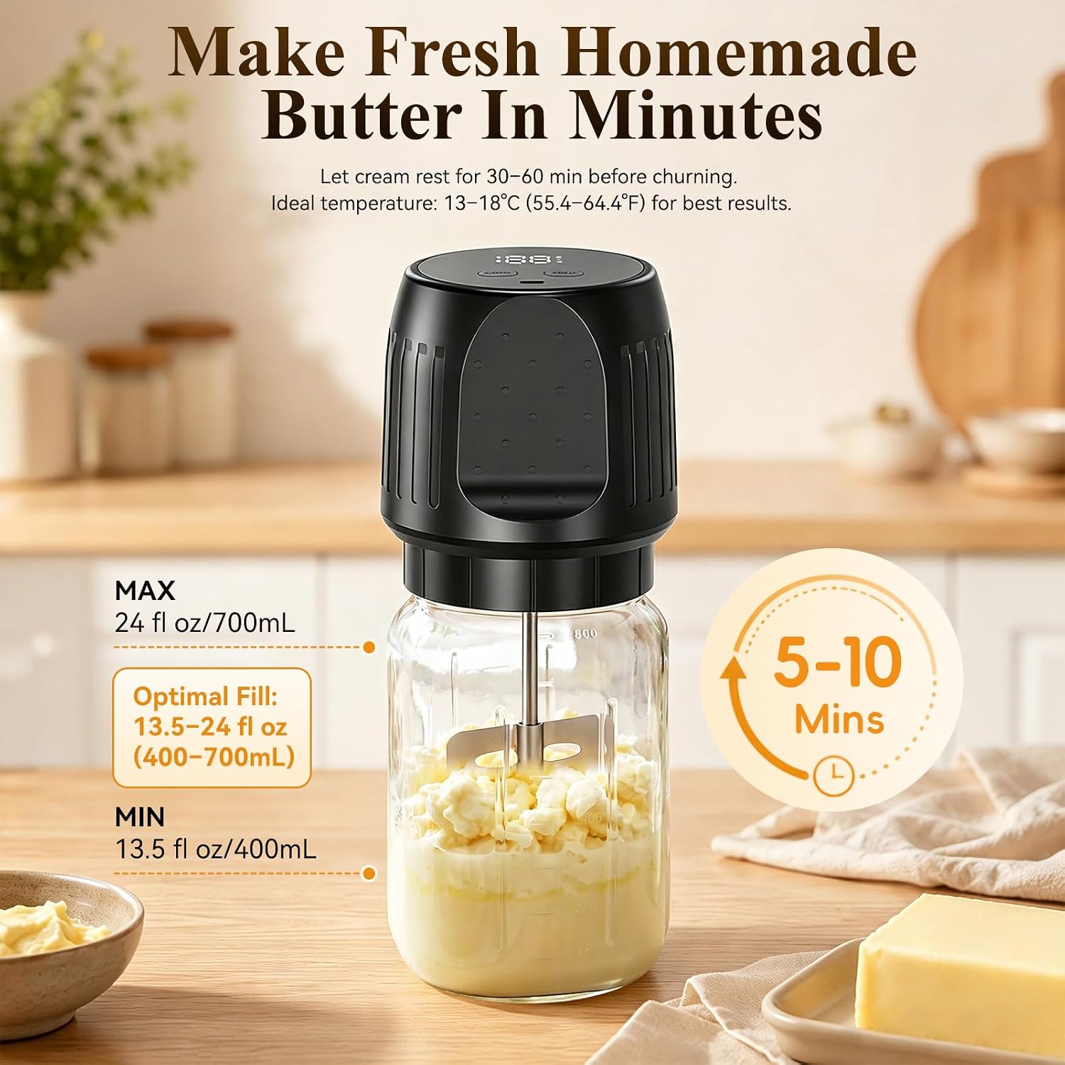 Electric Butter Churner, Fresh Homemade Butter Maker in 5-10 Mins, 34oz Glass Jar & Stainless Steel Paddle, High-Speed Brushless Motor for Heavy Cream, Peanut Butter & Nut Milk