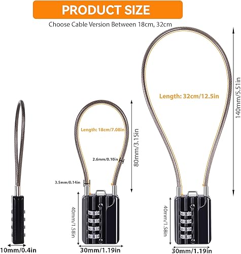 Miniatura 3 de SEPOX Candado de combinación reiniciable de diseño compacto de 4 dígitos, cuerpo de 1-316 pulgadas de ancho, bloqueo de cable extralargo de 6.3 in