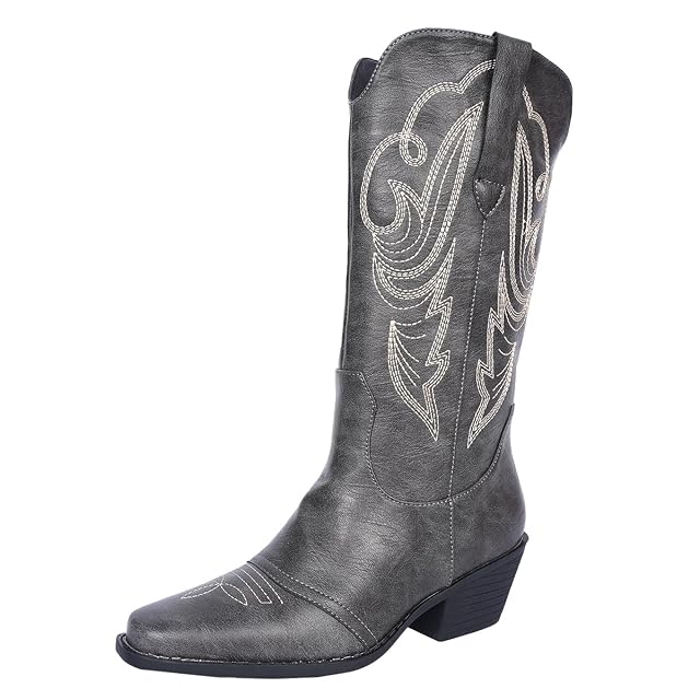 Cowboy Boots for Women Cowgirl Mid Calf Western Boots Embroidered Chunky Heels Pointed Toe Pull On Perfect for