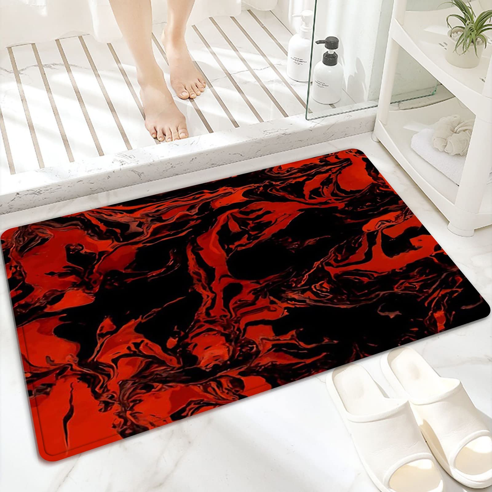 ANNKOOT Alfombra Antideslizante Alfombra Espuma de Memoria Piso Baño Alfombra,Textura de mármol Negro y Rojo,Absorber Alfombra de baño Suave Alfombra de baño 60x100 cm