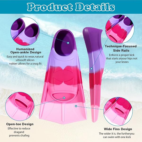 Palmes de natation courtes pour enfants, 100 % silicone, palmes d'entraînement, palmes de natation pour enfants et adultes, entraînement de natation, plongée en eau libre - 3