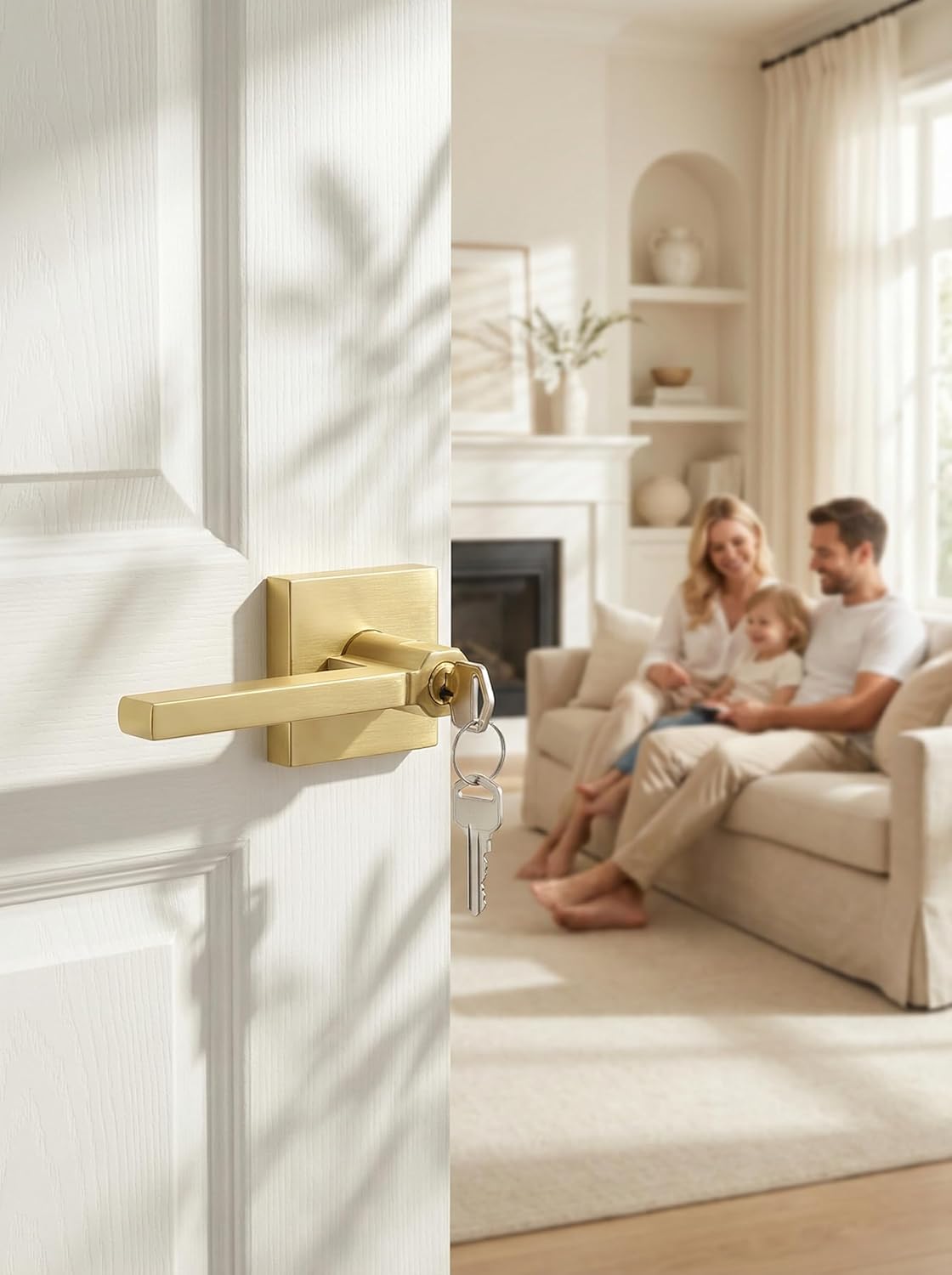 Goldenwarm Entry Door Handles with Lock and Key, Zinc Alloy Heavy Duty Brushed Gold Locking Exterior Door Handle, Keyed Door Lever with Locks and Keys for Bedroom (6 Pack)