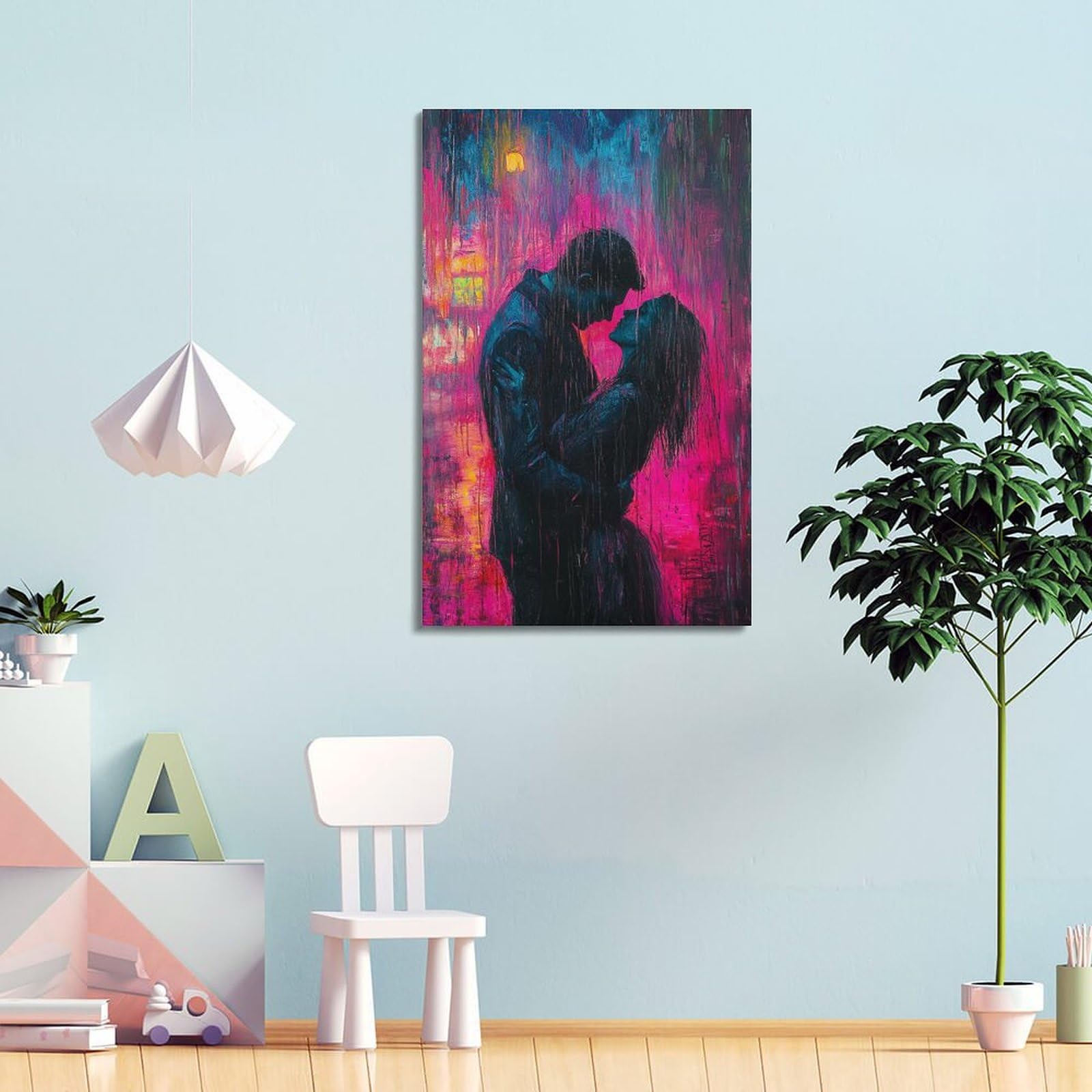 XGKJDS Romantisches Paar in Neon – beleuchteter Regen, lebendiges Kunststück, Leinwand, Wandkunst, modernes Wandbild, dekoratives Gemälde, Kunstwerk, 50 x 75 cm