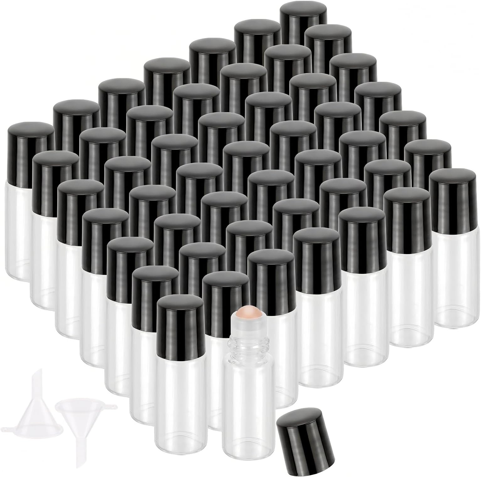 JIUWU 50pcs 3ml 0.1oz Mini Essential Oil Bottles Empty, Clear Glass Roller Bottles with Black Cap, Refillable Travel Size, Leak-Proof Roll Ball for Perfume, Aromatherapy, Oils - Includes Funnel & Tool