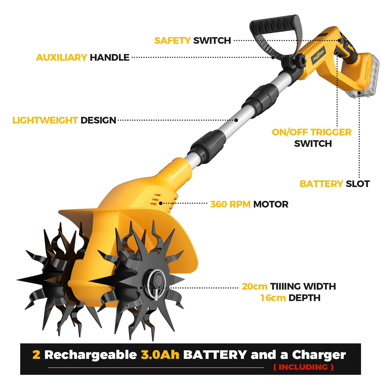 Motoazada Eléctrica de 21 V, Cultivador de Jardín, 360 RPM, con 2 Baterías de 3,0 Ah y Cargador, Ancho de Trabajo de 20 Cm, Profundidad de 16 Cm, Motoazada para Suelos