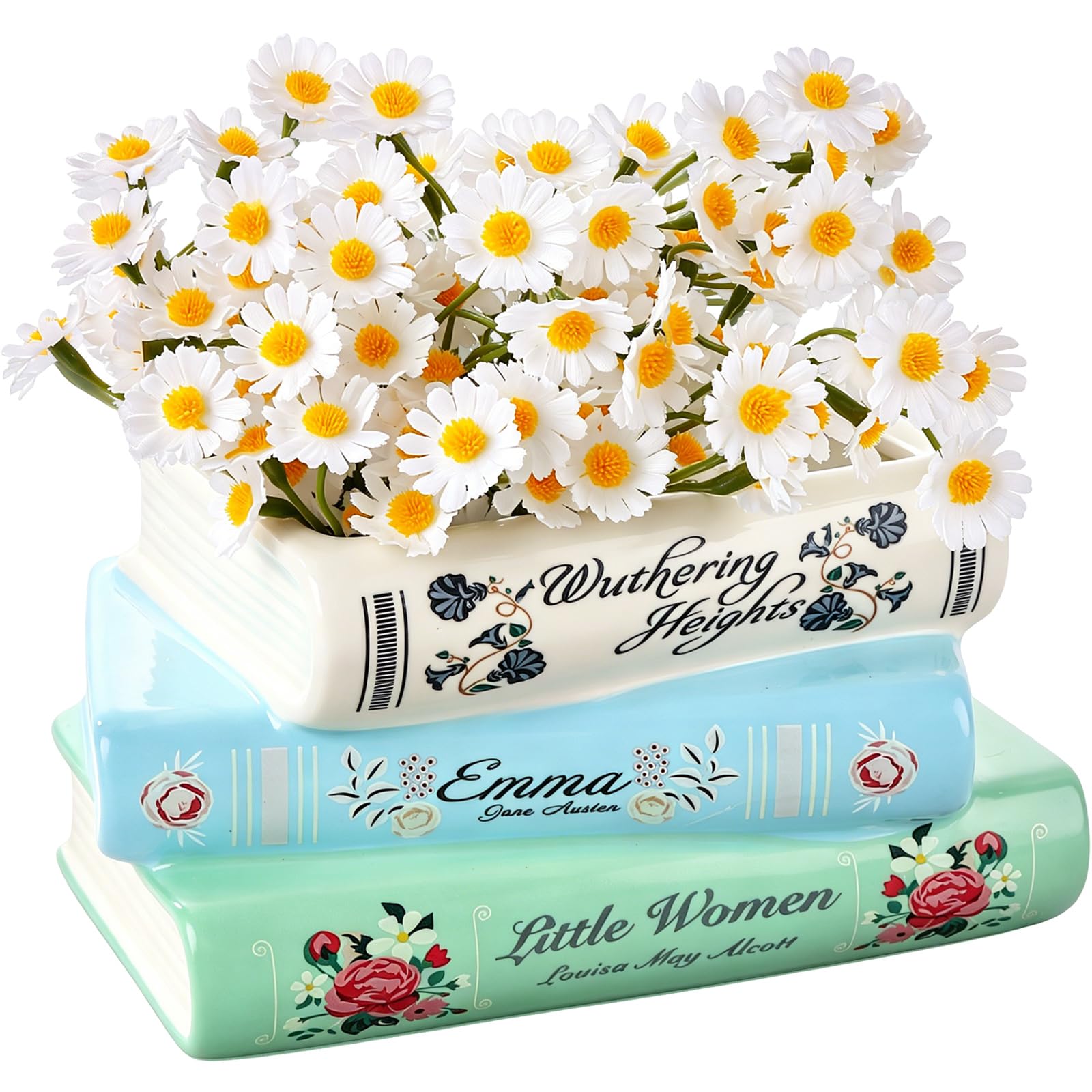 LDXDRU Ceramic Book Vase for Flowers, Stacked Book Shaped Decorative Planter with 18 Artificial Blooms, Unique Dopamine Decor for Home Office