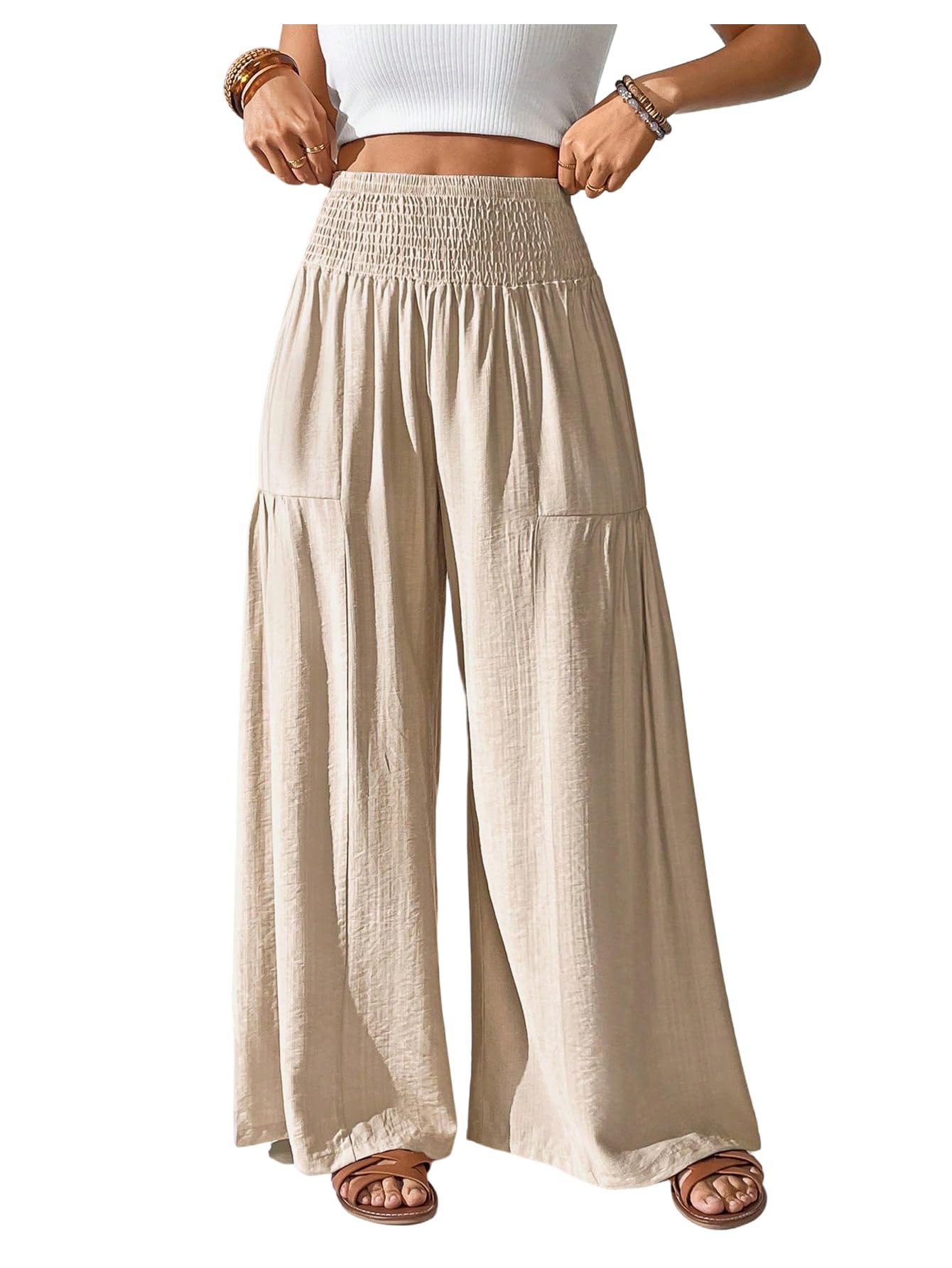 SOLY HUX Womens High Waisted Shirred Palazzo Pants Baggy Wide Leg Flowy Beach Trousers Summer Outfits