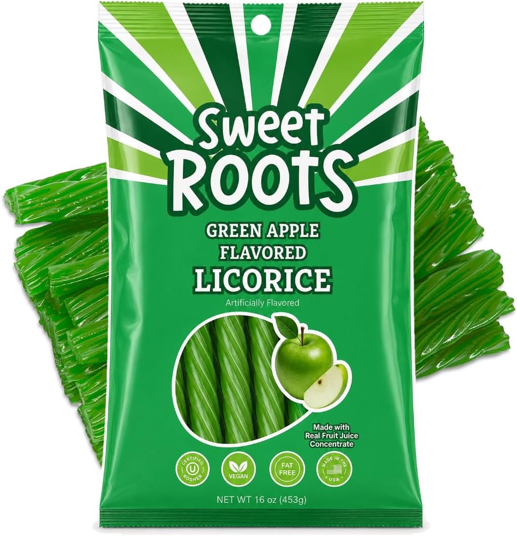 Sweet Roots Green Apple Licorice Twists – Jumbo Soft Licorice Sticks Made with Real Fruit Juice | Gourmet Apple Candy for Snack Lovers | Vegan, Fat-Free, Kosher (16 oz)