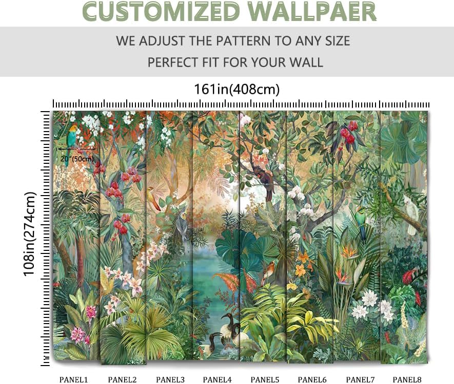 Miniatura 3 de ZFBIZHI Papel tapiz de selva con plantas tropicales, flores, pájaros, para dormitorio, sala de estar, baño, oficina (no se pega ni se pega)