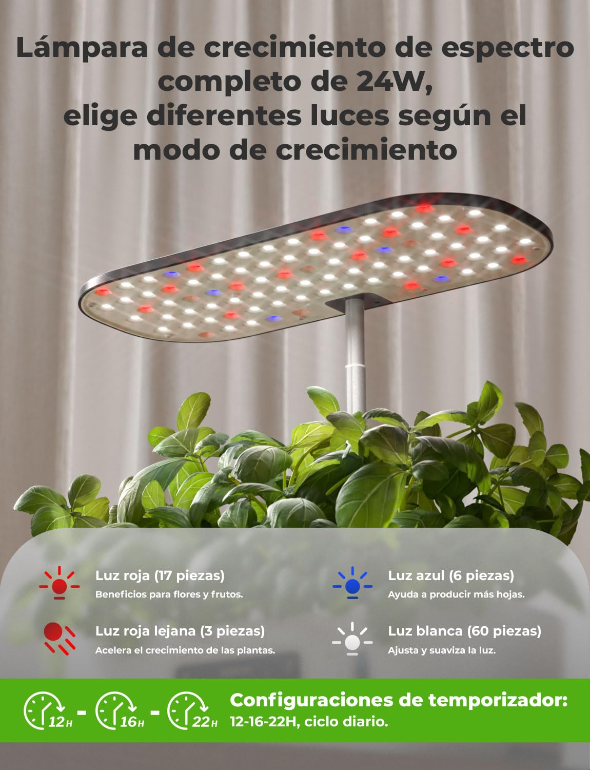 Sistema de Cultivo Hidropónico Kit de Cultivo Interior con Iluminación LED Automática, Huerto Interior con Temporizador Automático, Altura Ajustable (13 Vainas)