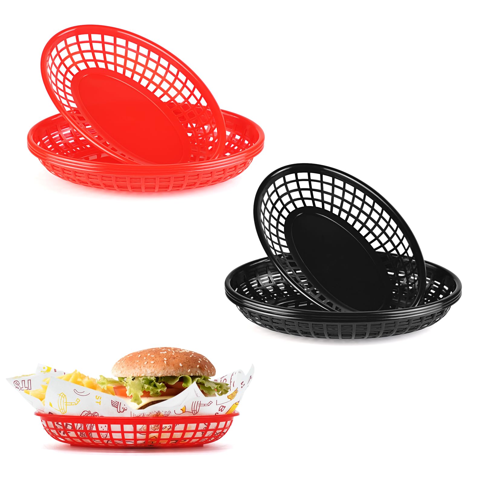 JJWNMLL Food Baskets, 8PCS Black+Red Reusable Plastic Oval Fruit Basket for Burgers,Fries,Sweets,Crisps,Party,Picnics,BBQ