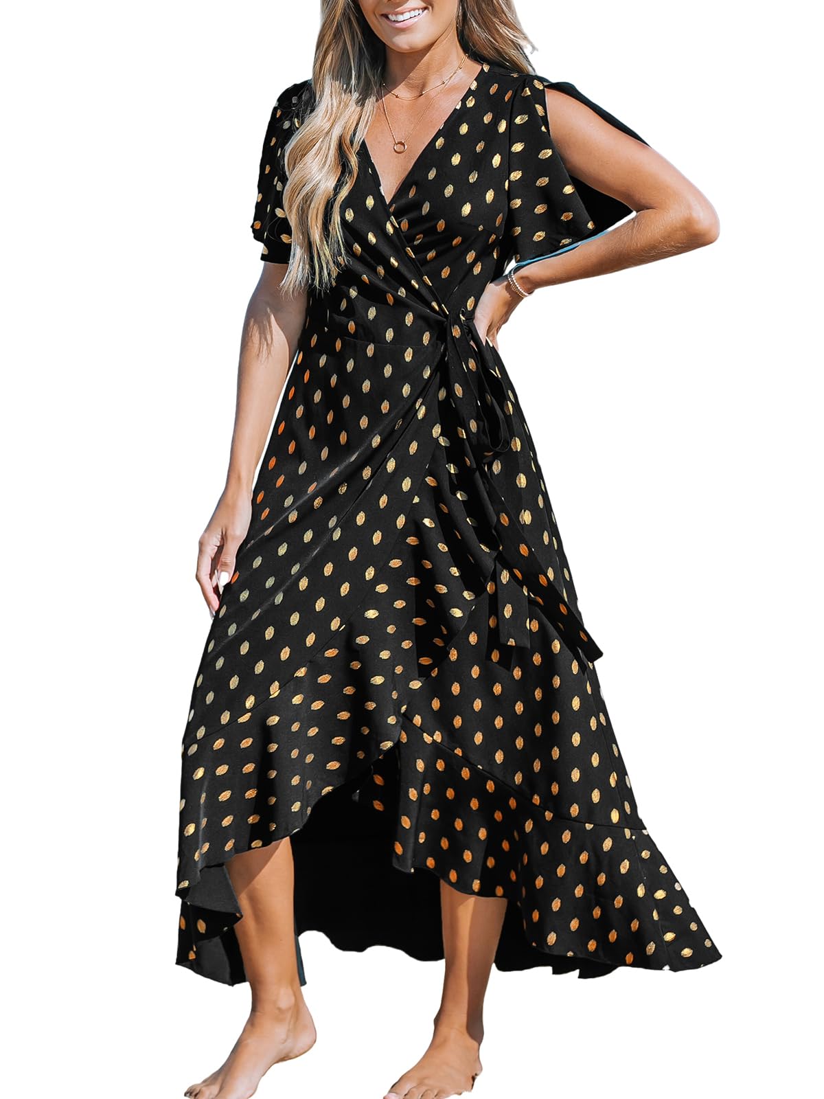 CUPSHE - Vestido largo cruzado de verano para mujer, informal, manga acampanada, cuello en V, con lazo en la cintura y volantes