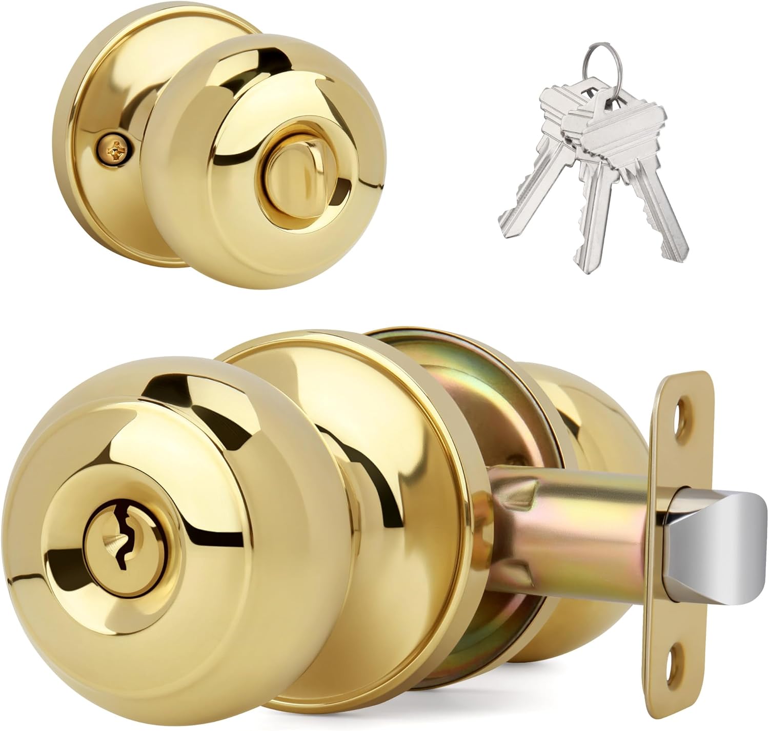 Flat Ball Door Knob with Keys and Lock, Keyed Entry Round Design Doorknob for Front/Entrance Doors, Polished Brass Finish