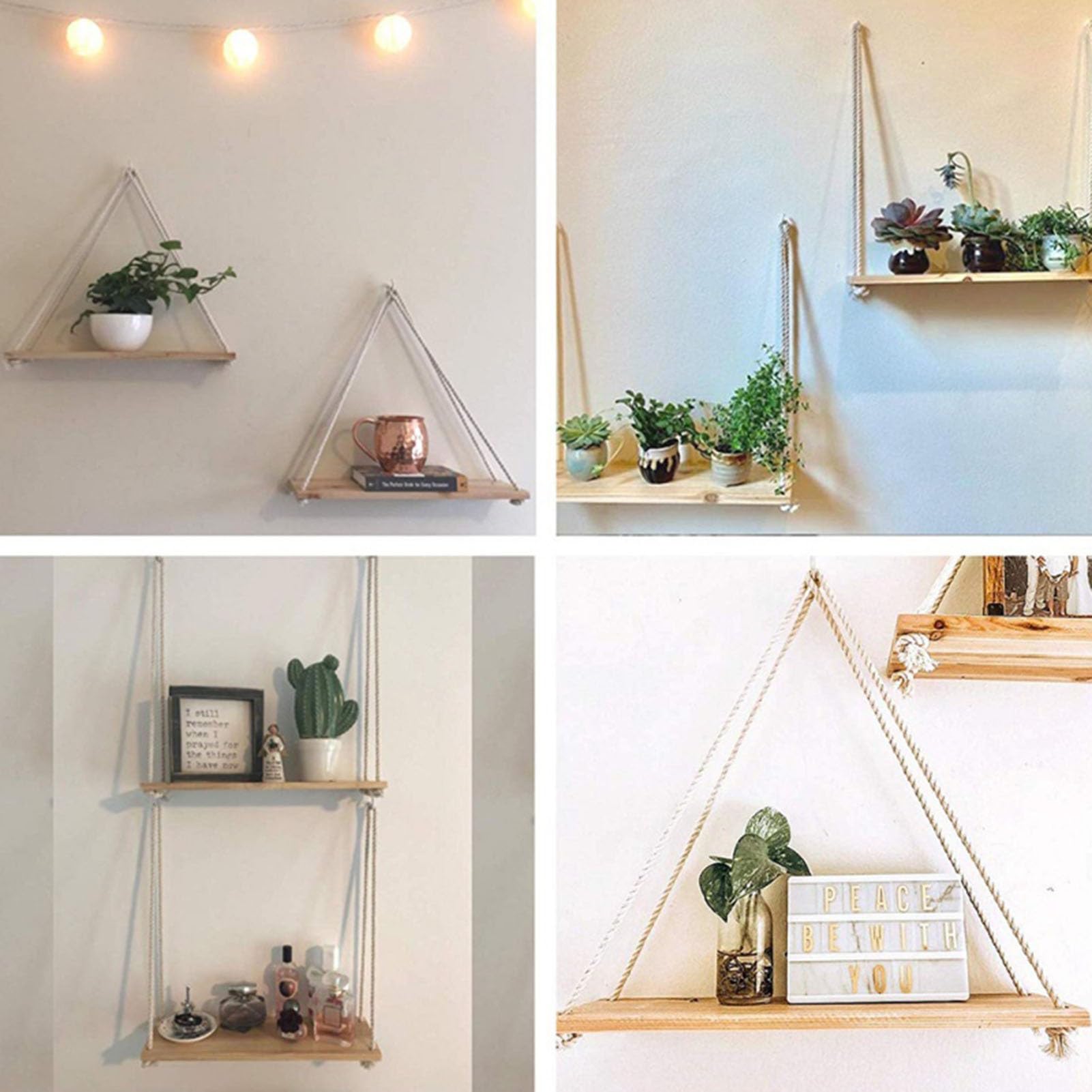 Schwebende Wandregale, Schaukel-Aufbewahrungsregal für die Wand, Hängeregale aus Holz mit gewebtem Seil, Hängendes Pflanzenregal, Gestell, Display, Boho, rustikale Wandregale, Raumdekor (Bra
