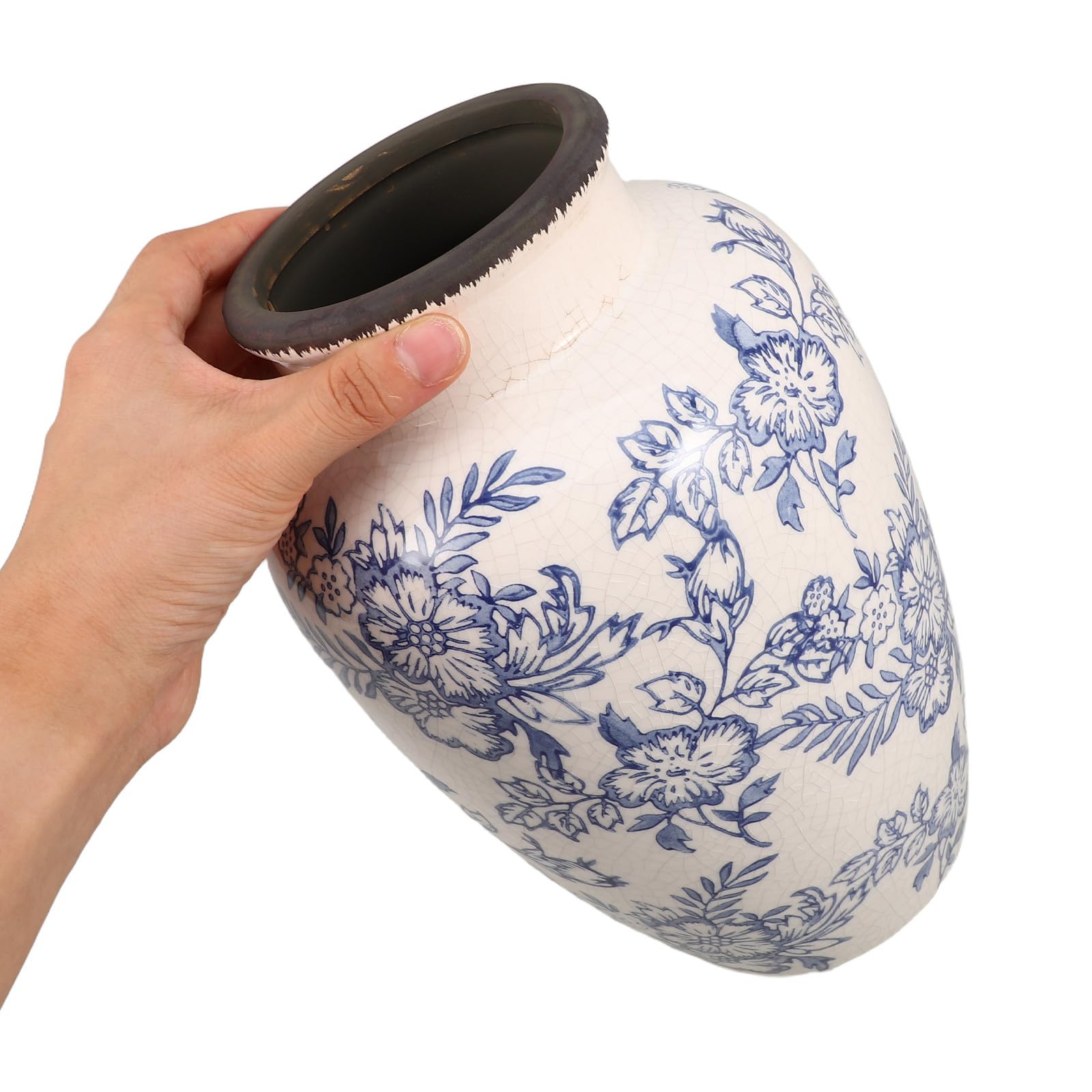 Cabilock Vintage Keramikvase im Chinoiserie Stil für Zweige | Keramik, Weiß-blaues Crackle Finish, Niedriger Schwerpunkt und Stabil, für Trockenblumen im Regal